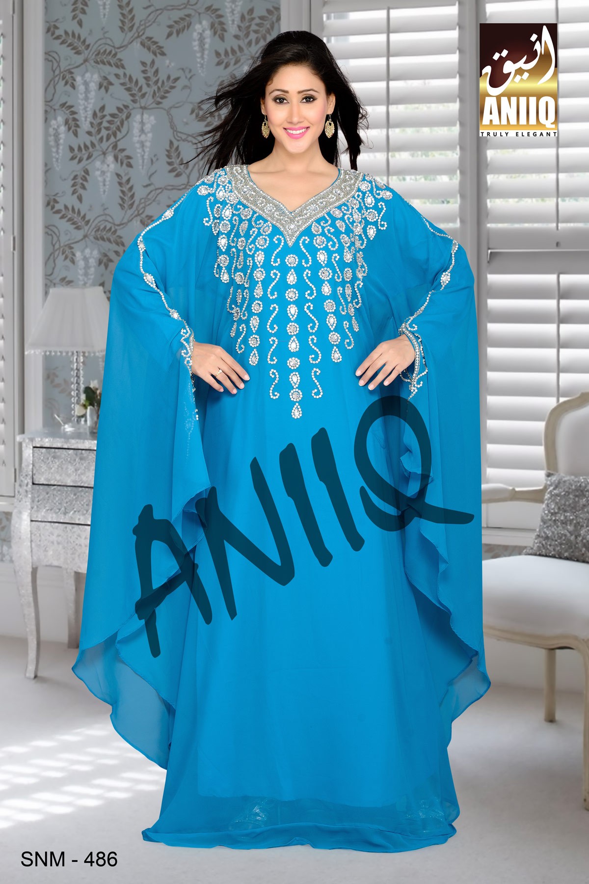 Blue   Embroidered   Faux Georgette   Farasha