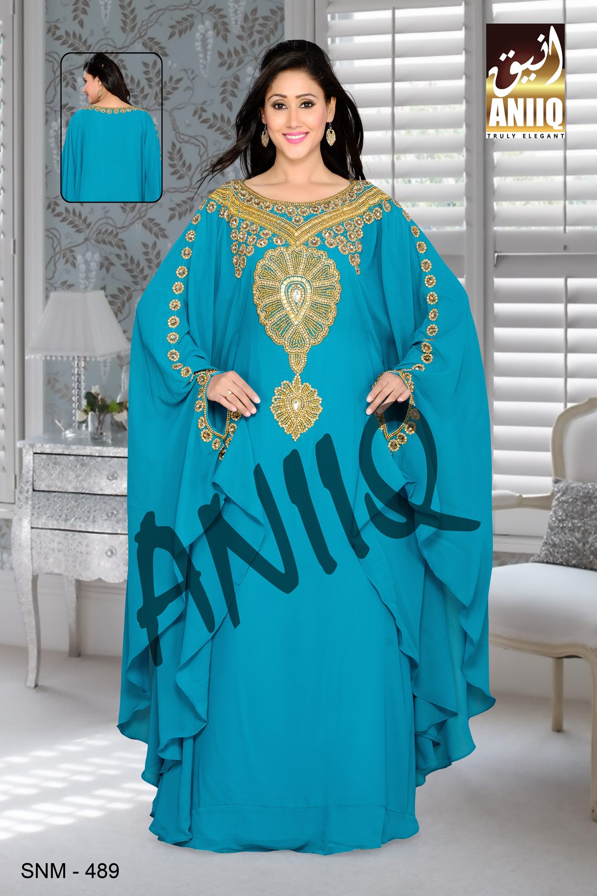 Turquoise Blue   Embroidered   Faux Georgette   Farasha