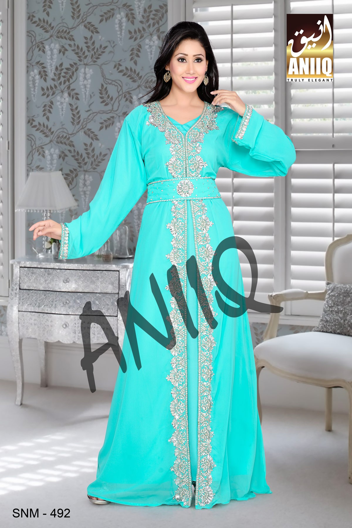 Sea Green   Embroidered   Faux Georgette   Kaftan