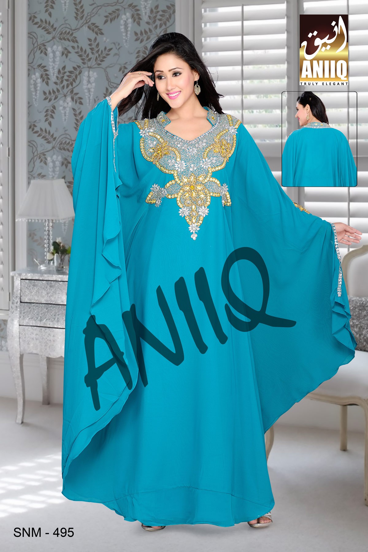 Turquoise Blue   Embroidered   Faux Georgette   Farasha