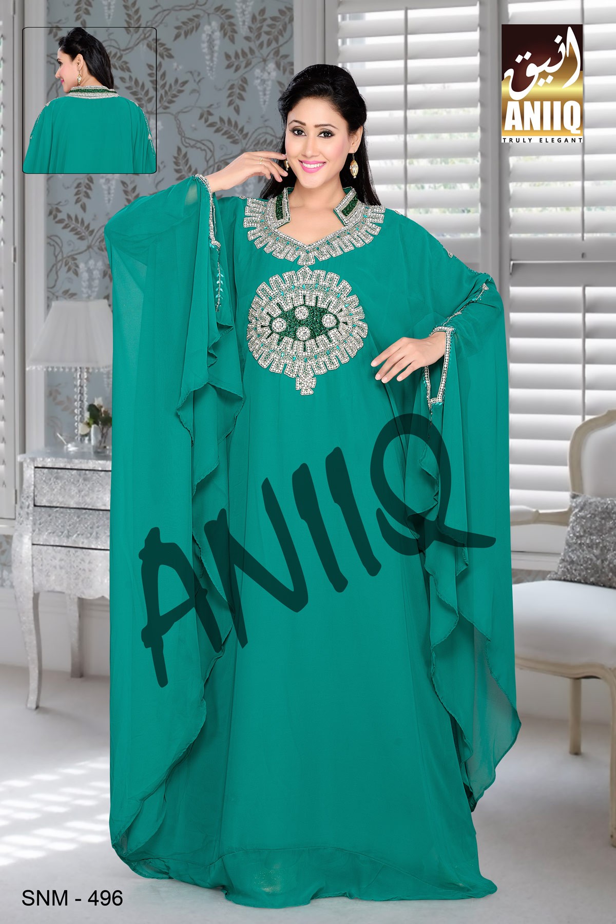 Teal Green   Embroidered   Faux Georgette   Farasha