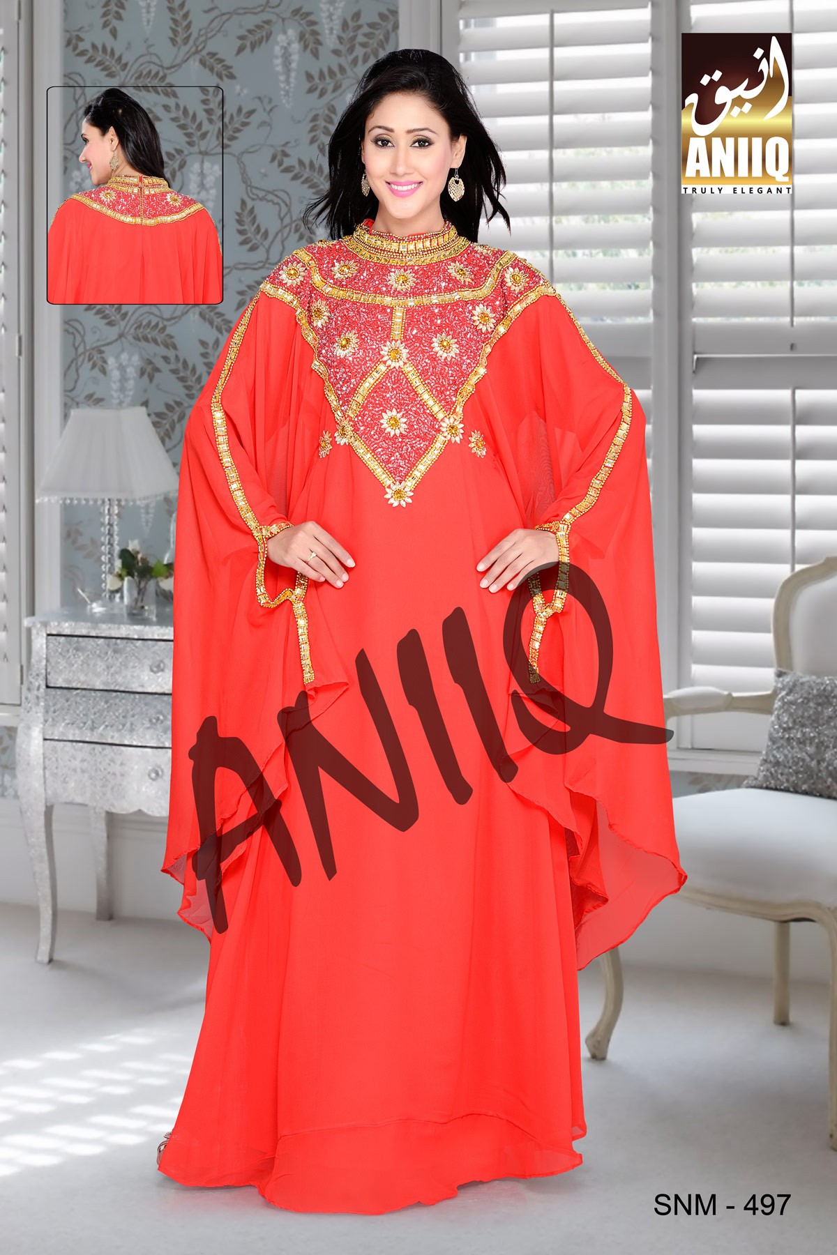 Red   Embroidered   Faux Georgette   Farasha