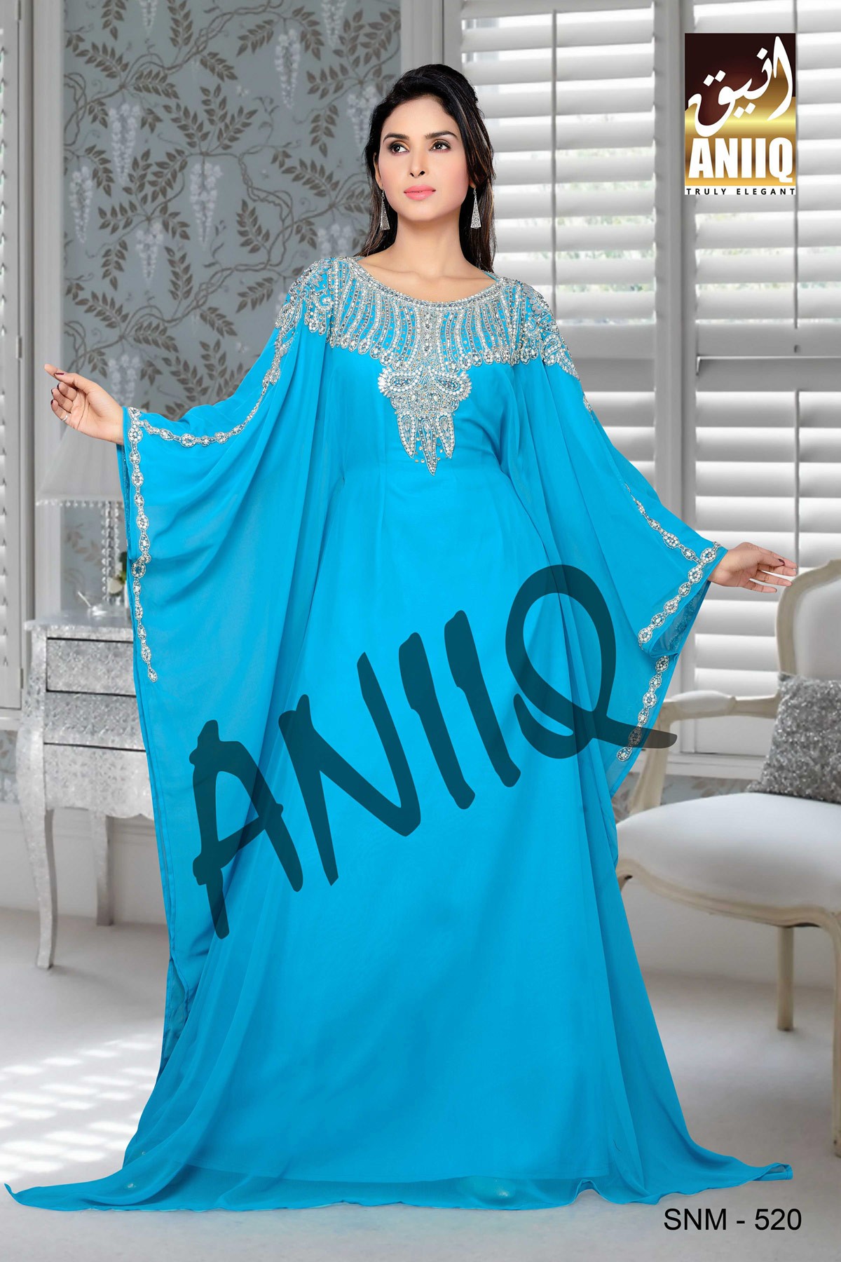 Blue  Embroidered  Faux Georgette  Farasha