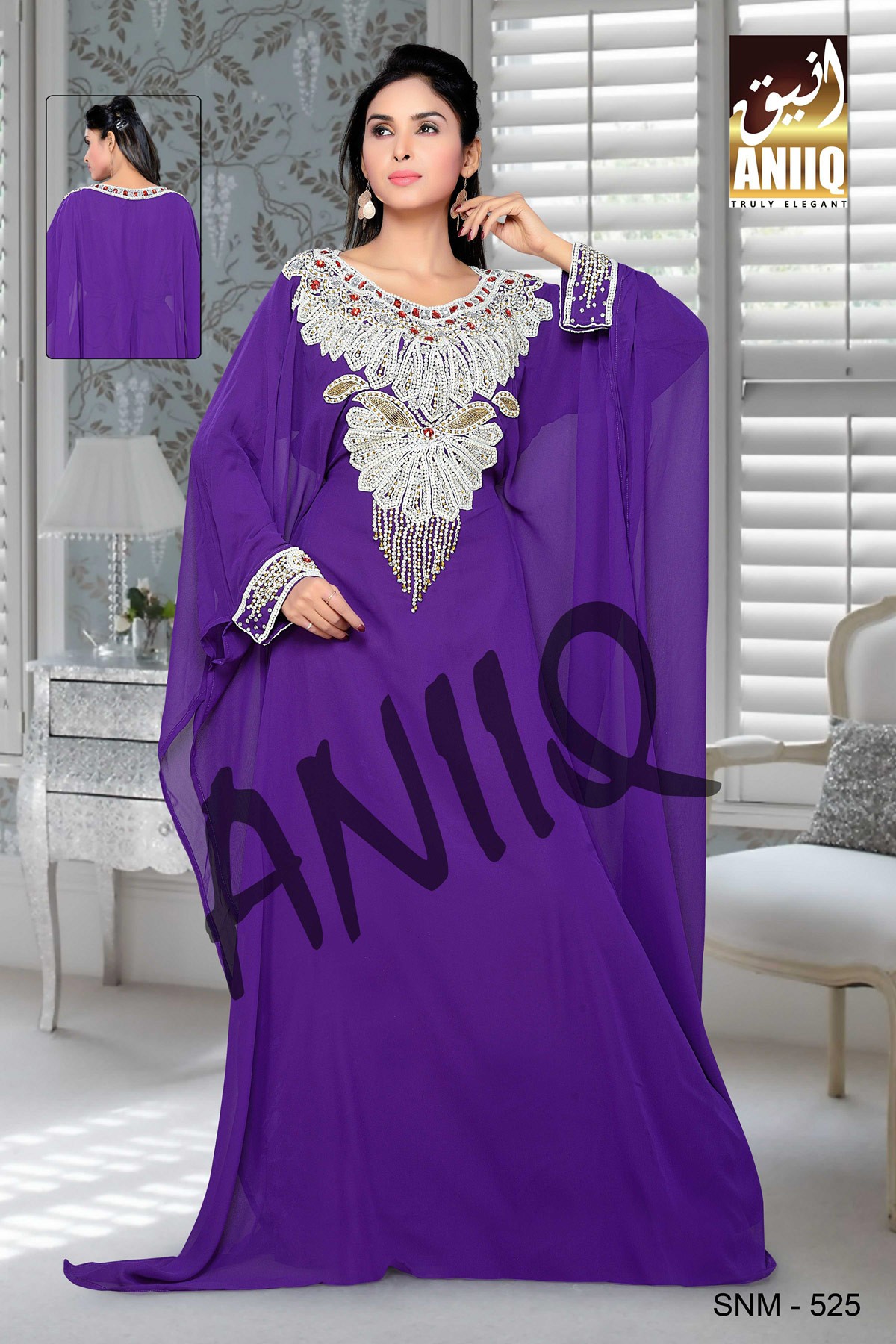 Purple  Embroidered  Faux Georgette  Farasha