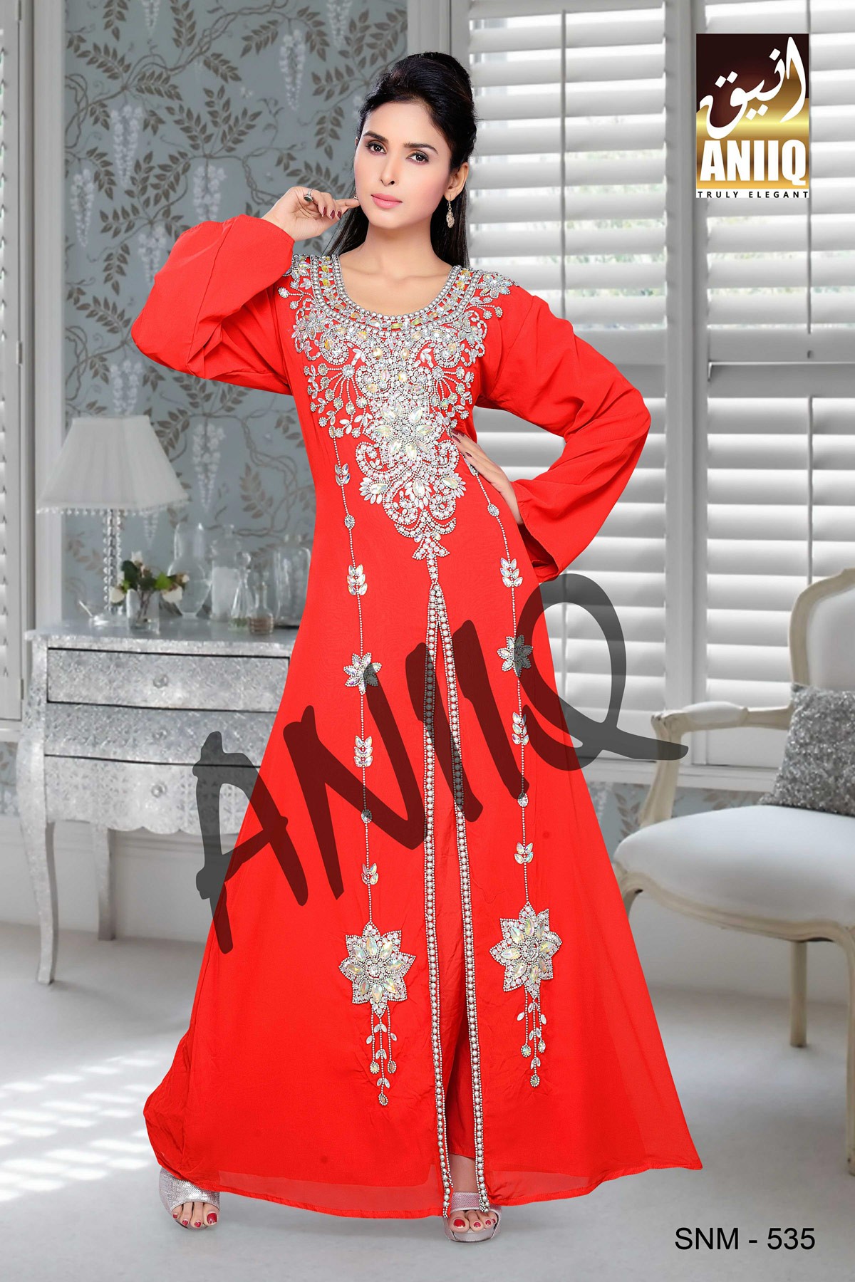 Red  Embroidered  Faux Georgette  Kaftan