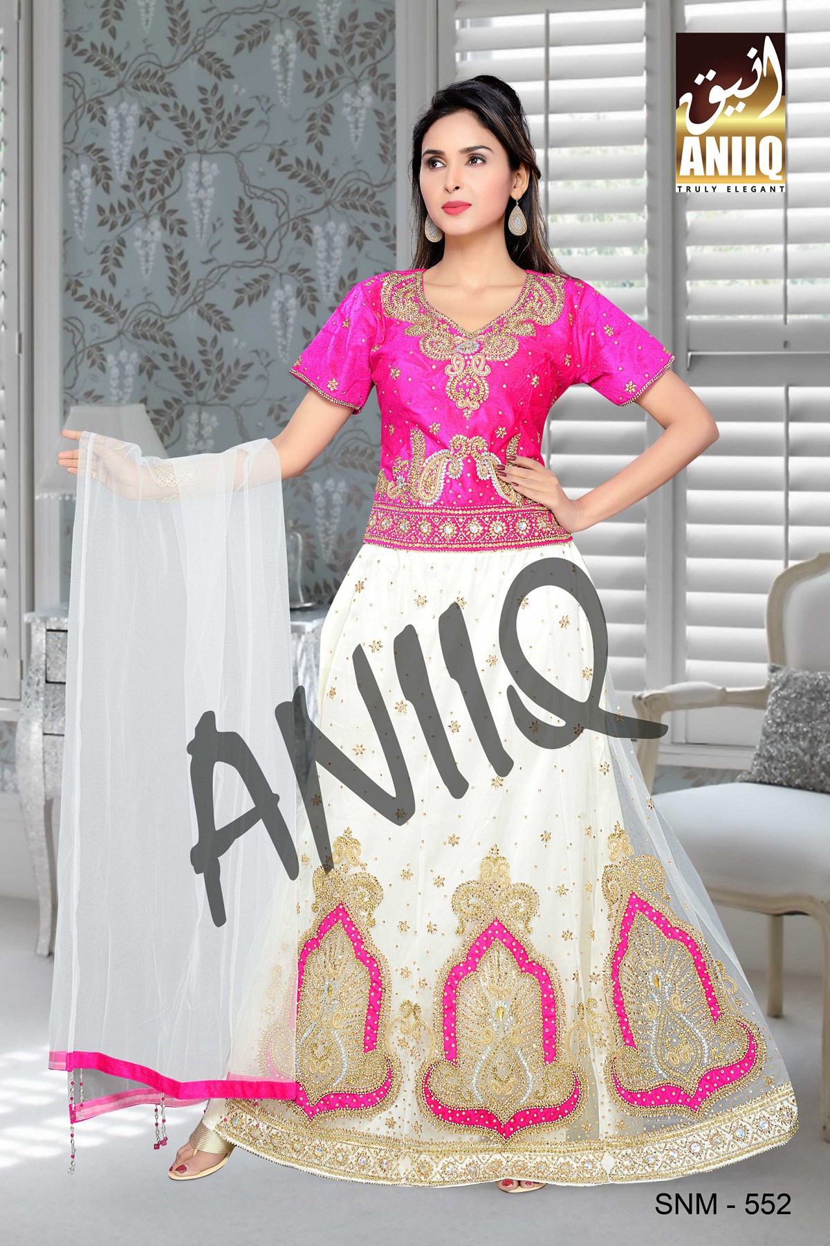 Fuchsia Pink And Off White  Embroidered  Net And Satin  Lehenga With Blouse
