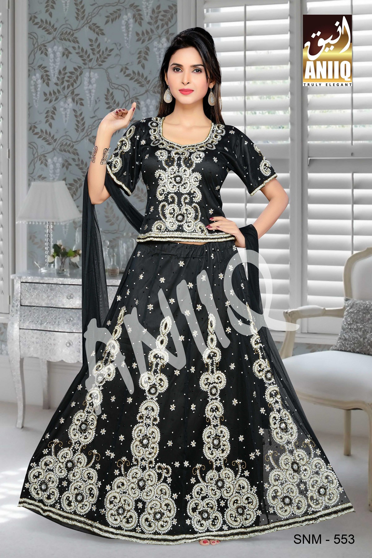 Black  Embroidered  Net And Satin  Lehenga With Blouse