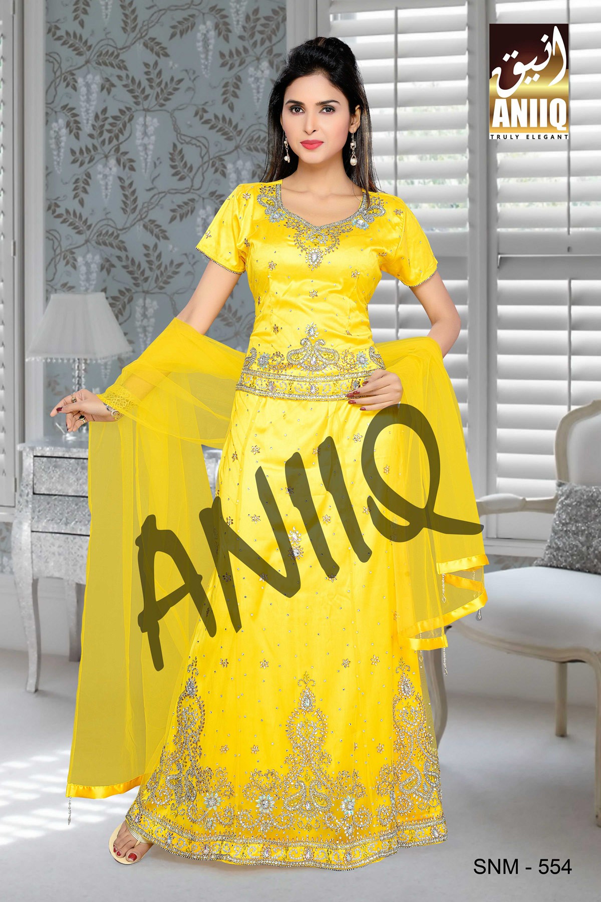 Yellow  Embroidered  Net And Satin  Lehenga With Blouse