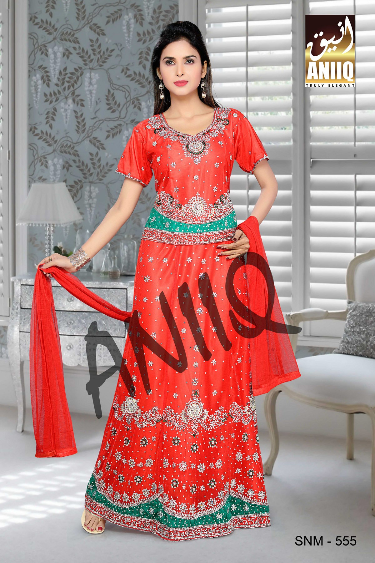 Red And Bottle Green  Embroidered  Net And Satin  Lehenga With Blouse