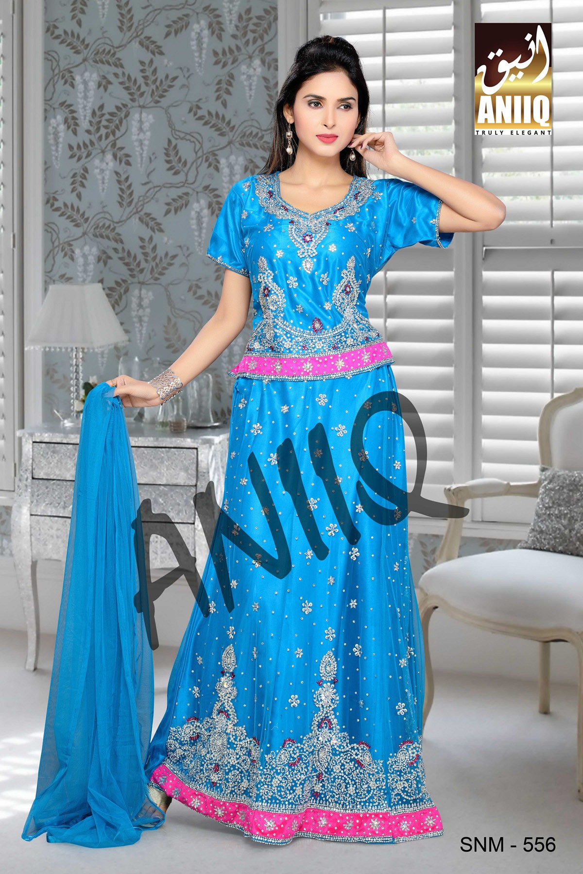 Turquoise Blue And Fuchsia Pink  Embroidered  Net And Satin  Lehenga With Blouse