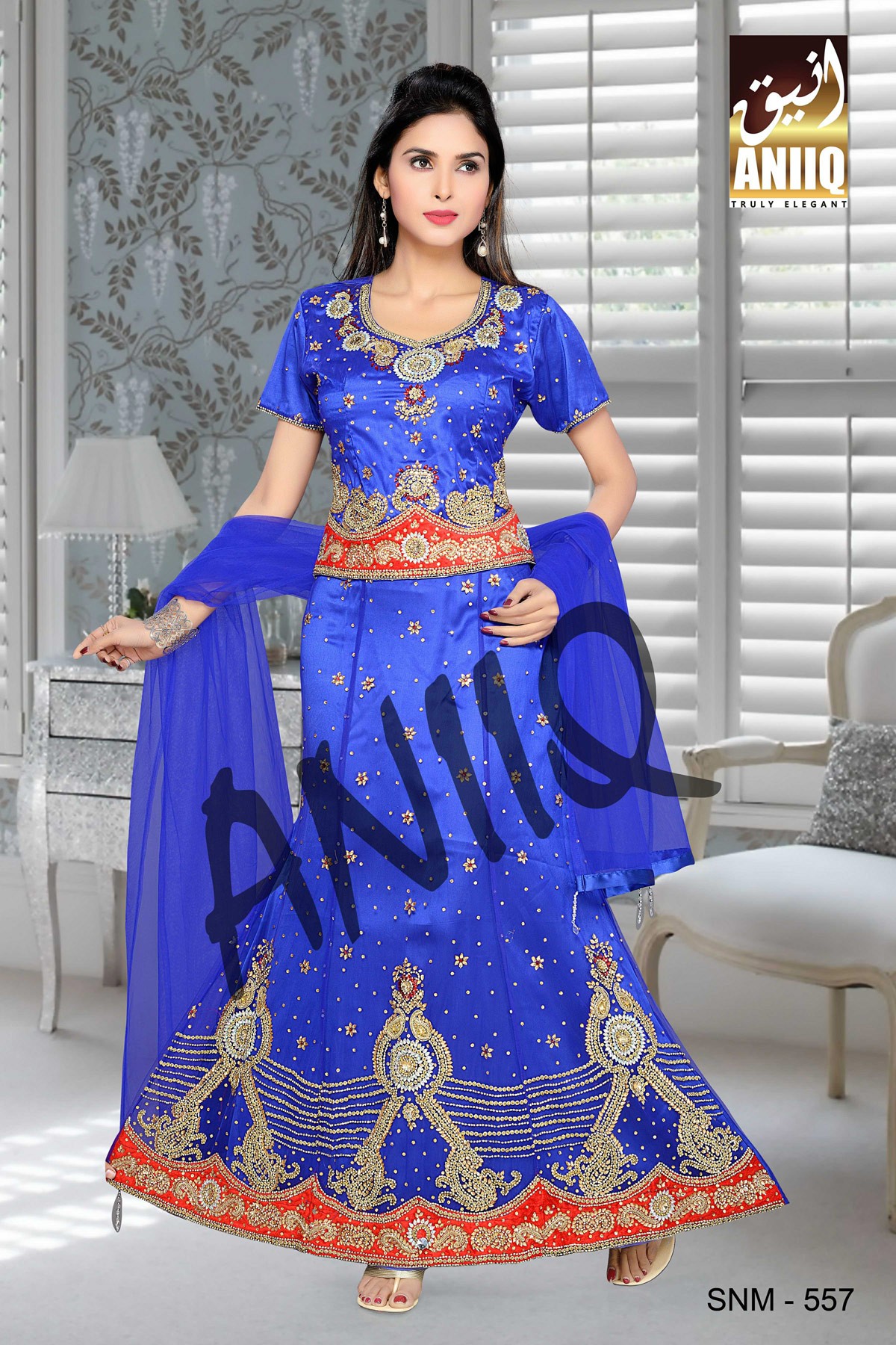 Royal Blue And Red  Embroidered  Net And Satin  Lehenga With Blouse