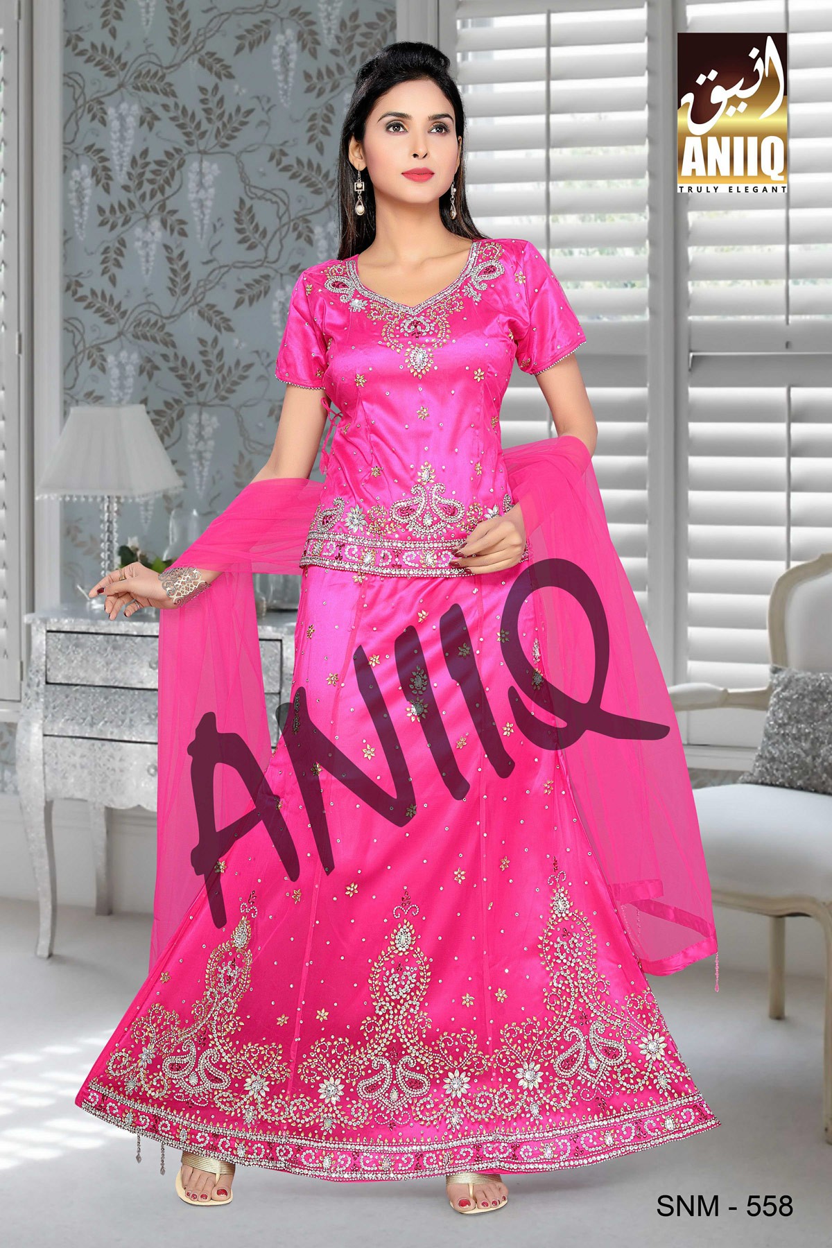 Fuchsia Pink  Embroidered  Net And Satin  Lehenga With Blouse