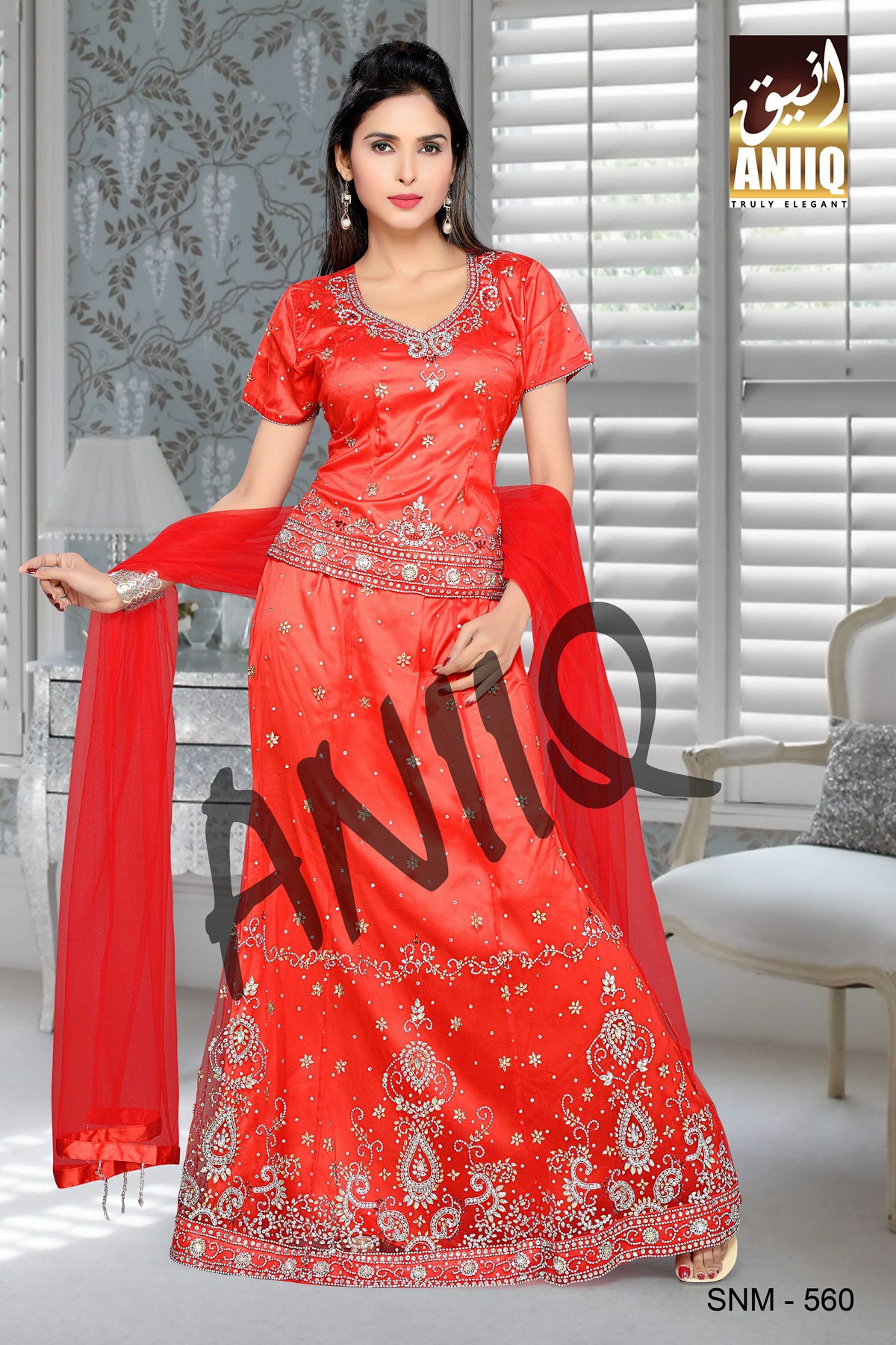 Red  Embroidered  Net And Satin  Lehenga With Blouse