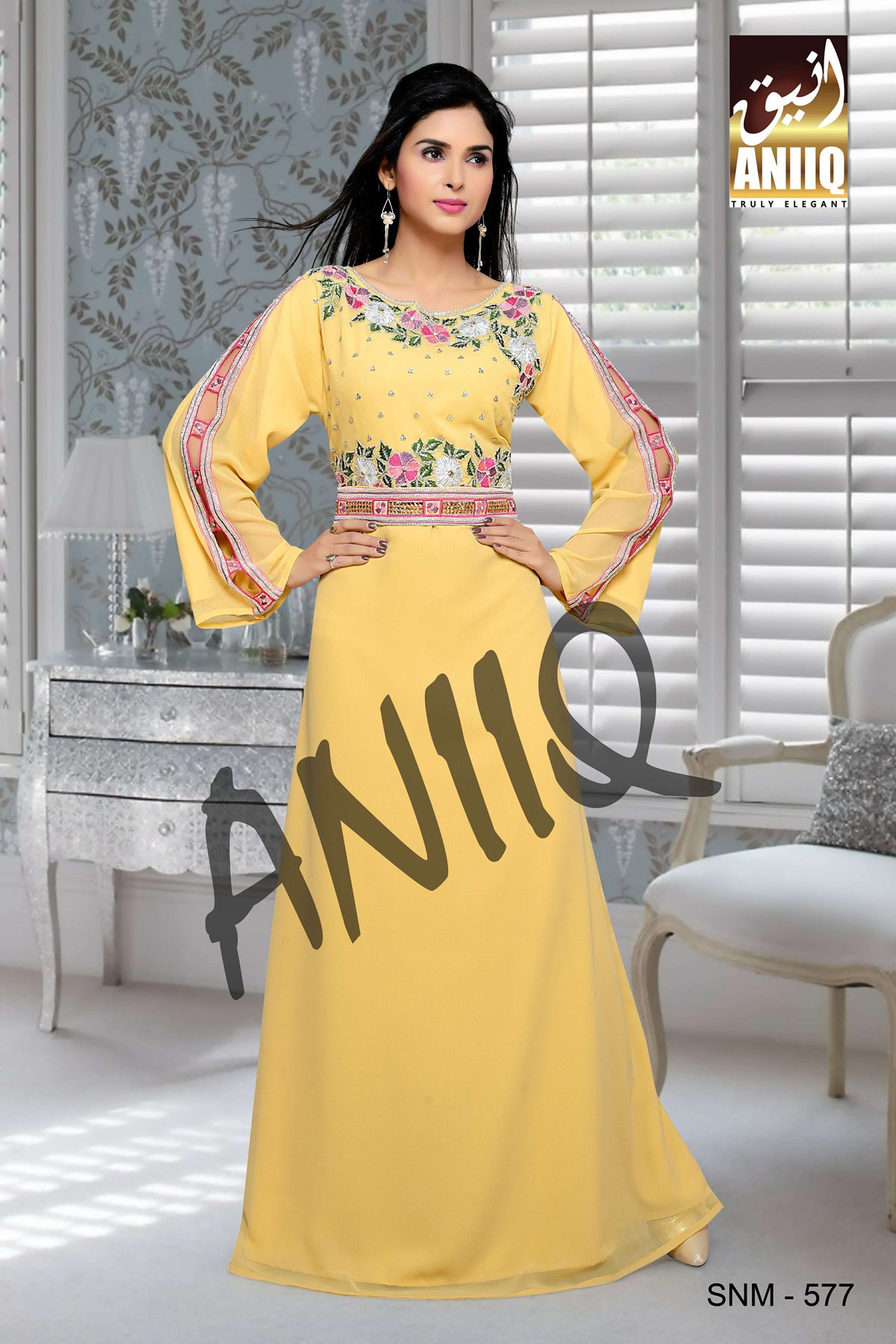 Beige  Embroidered  Faux Georgette  Kaftan