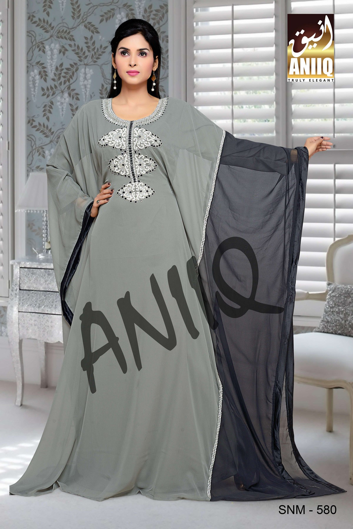 Black And Grey  Embroidered  Faux Georgette  Farasha