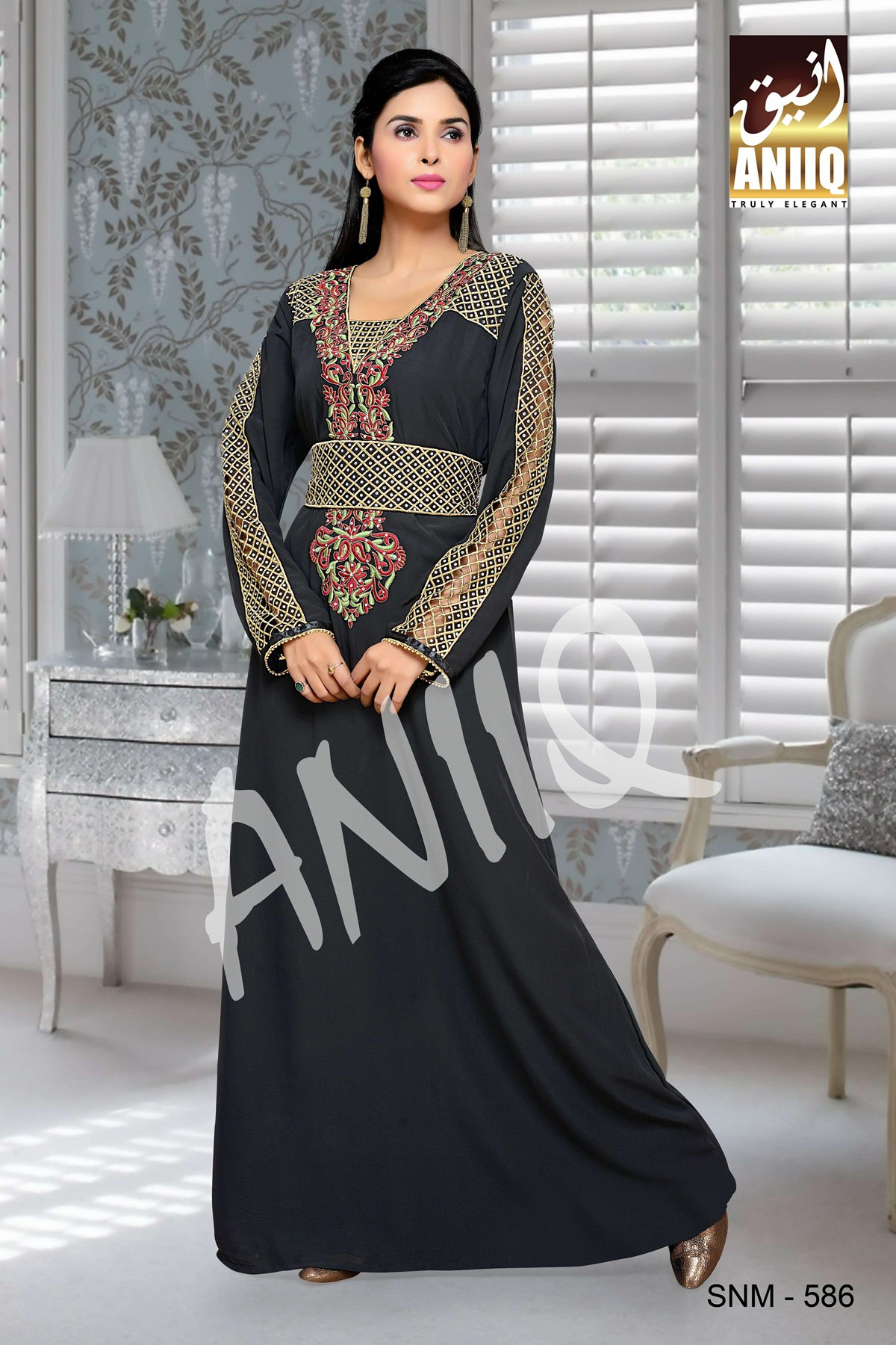 Black  Embroidered  Faux Georgette  Kaftan