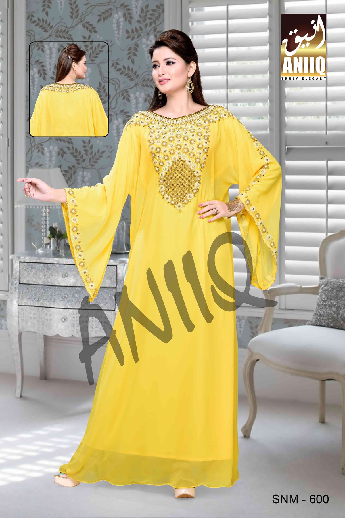 Yellow  Embroidered  Faux Georgette  Kaftan