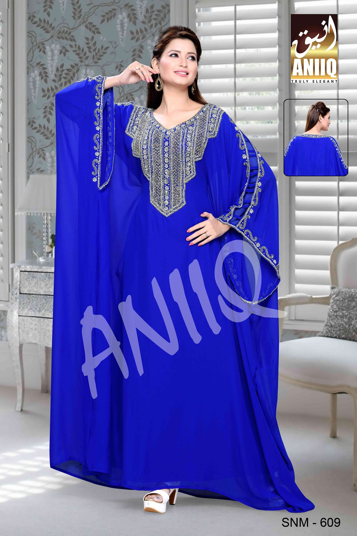 Royal Blue  Embroidered  Faux Georgette  Farasha