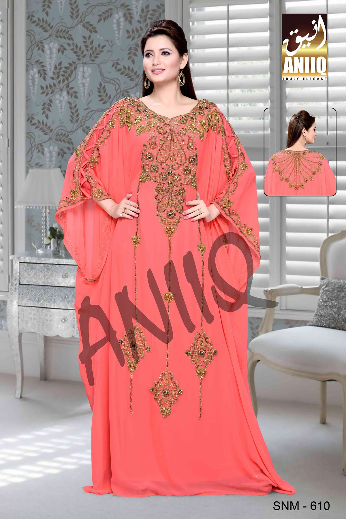 Coral  Embroidered  Faux Georgette  Farasha