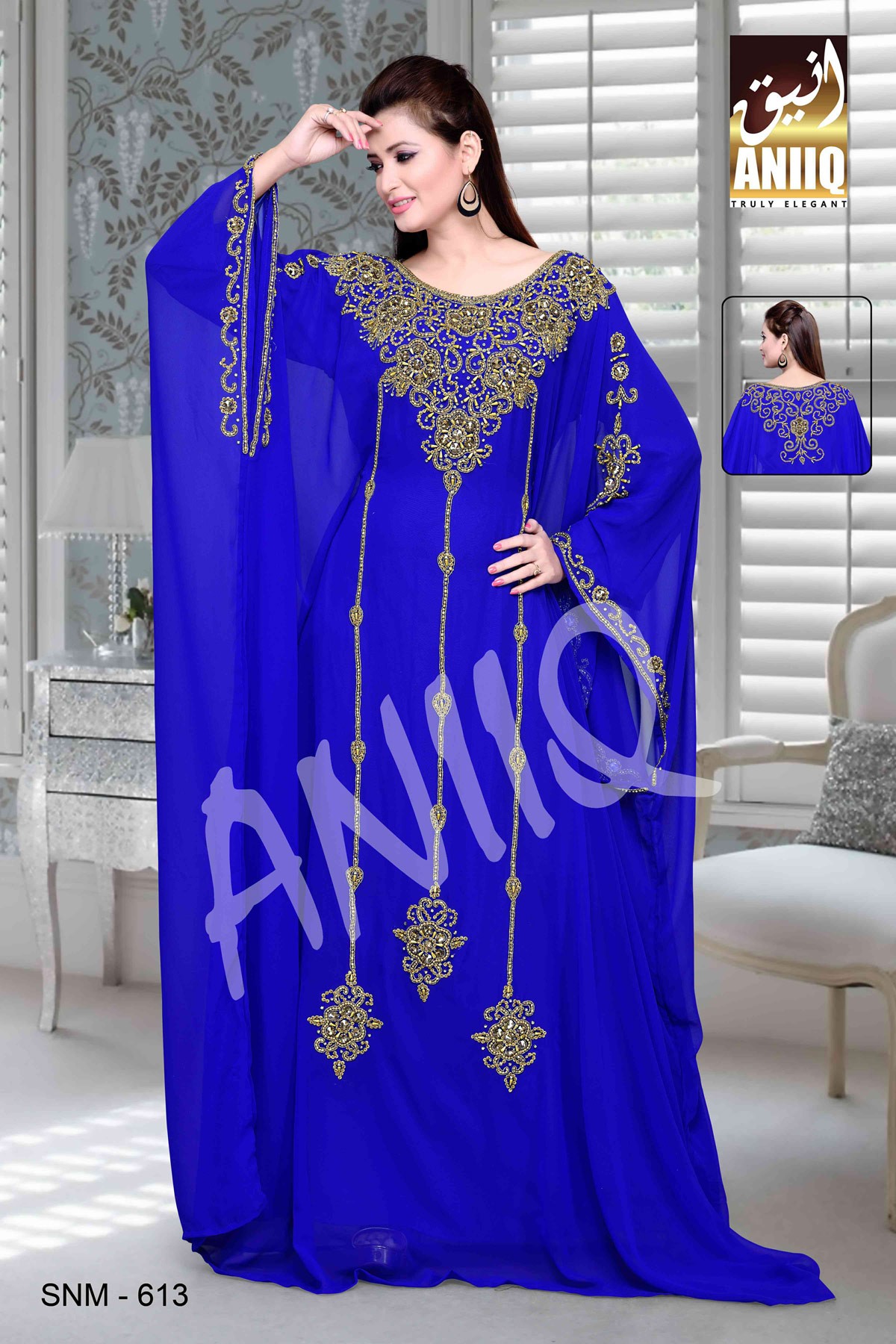 Royal Blue  Embroidered  Faux Georgette  Farasha