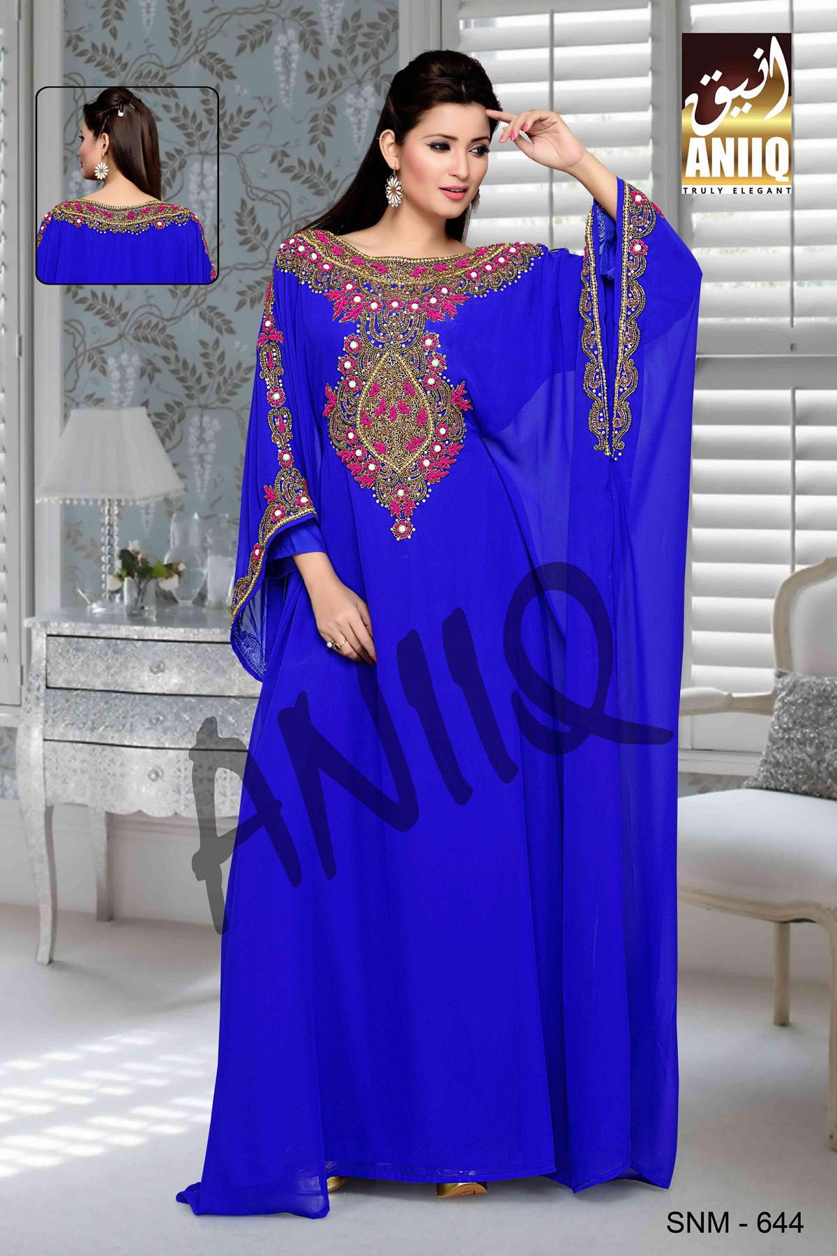 Royal Blue  Embroidered  Faux Georgette  Farasha