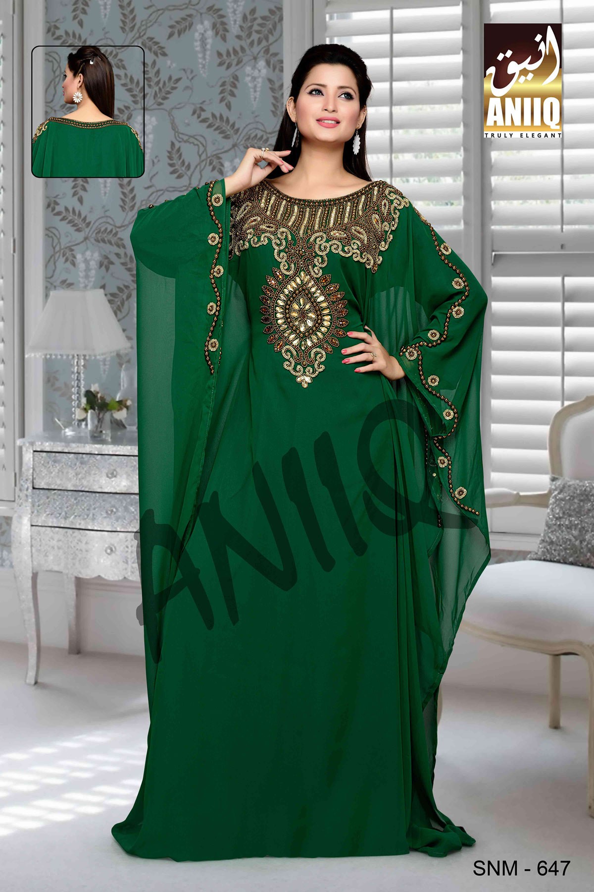 Bottle Green  Embroidered  Faux Georgette  Farasha