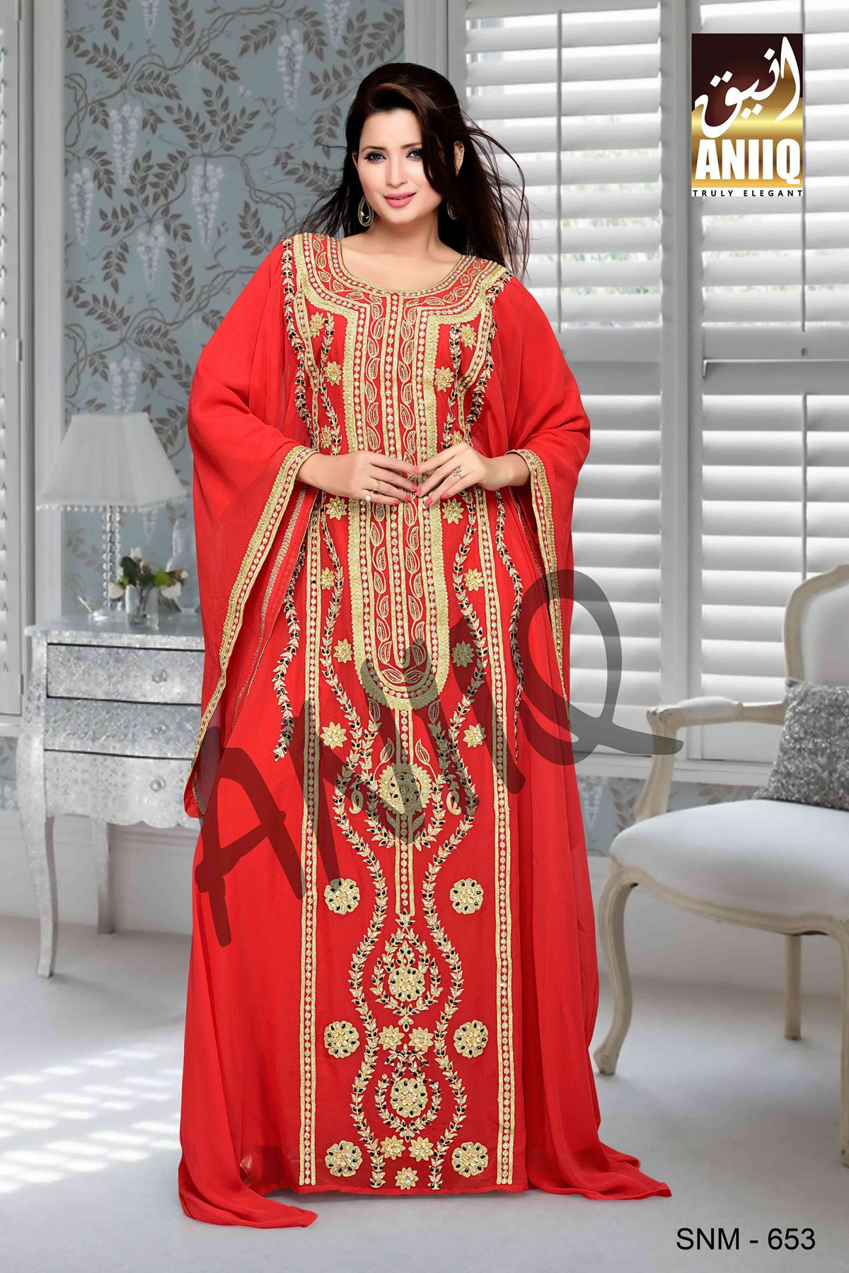 Red  Embroidered  Faux Georgette  Farasha