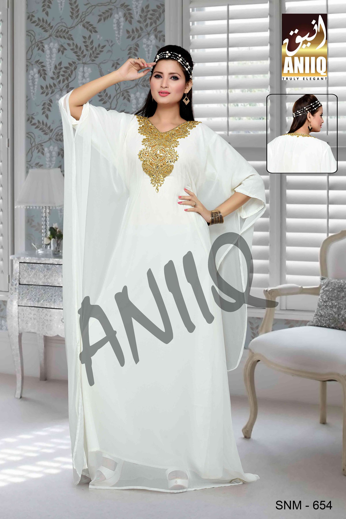 Off White  Embroidered  Faux Georgette  Farasha