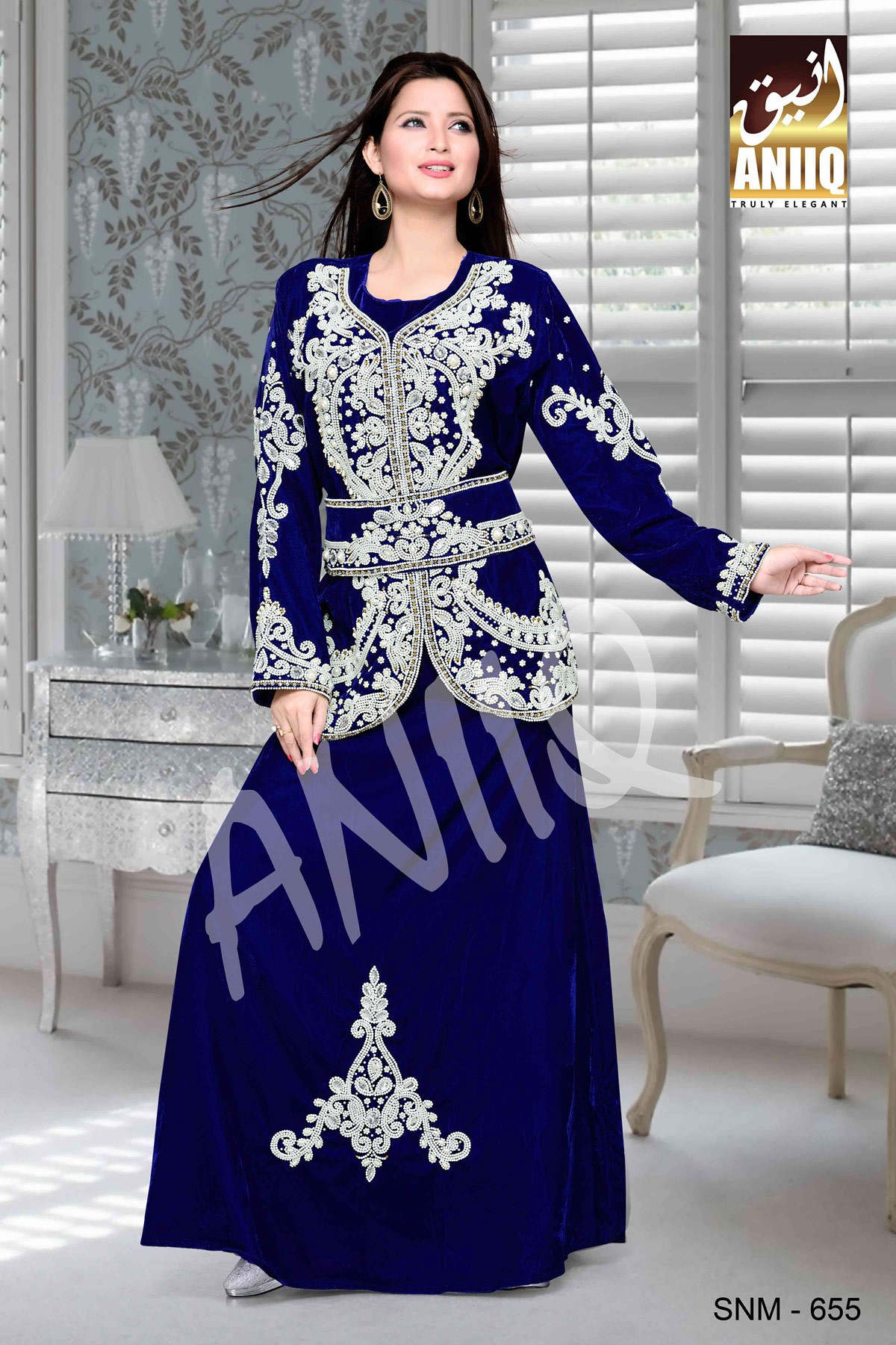 Royal Blue  Embroidered  Velvet  Kaftan