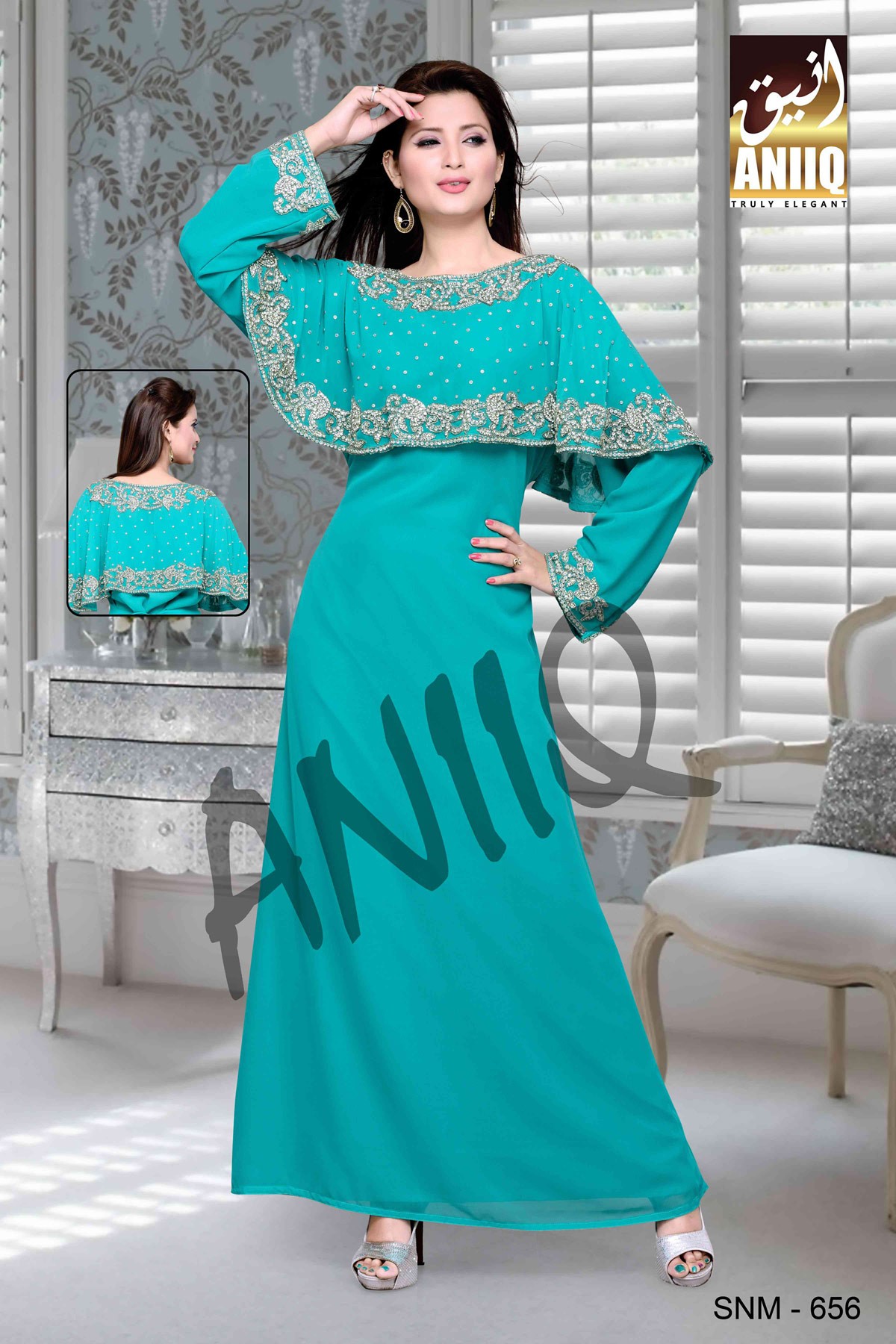 Sea Green  Embroidered  Faux Georgette  Kaftan