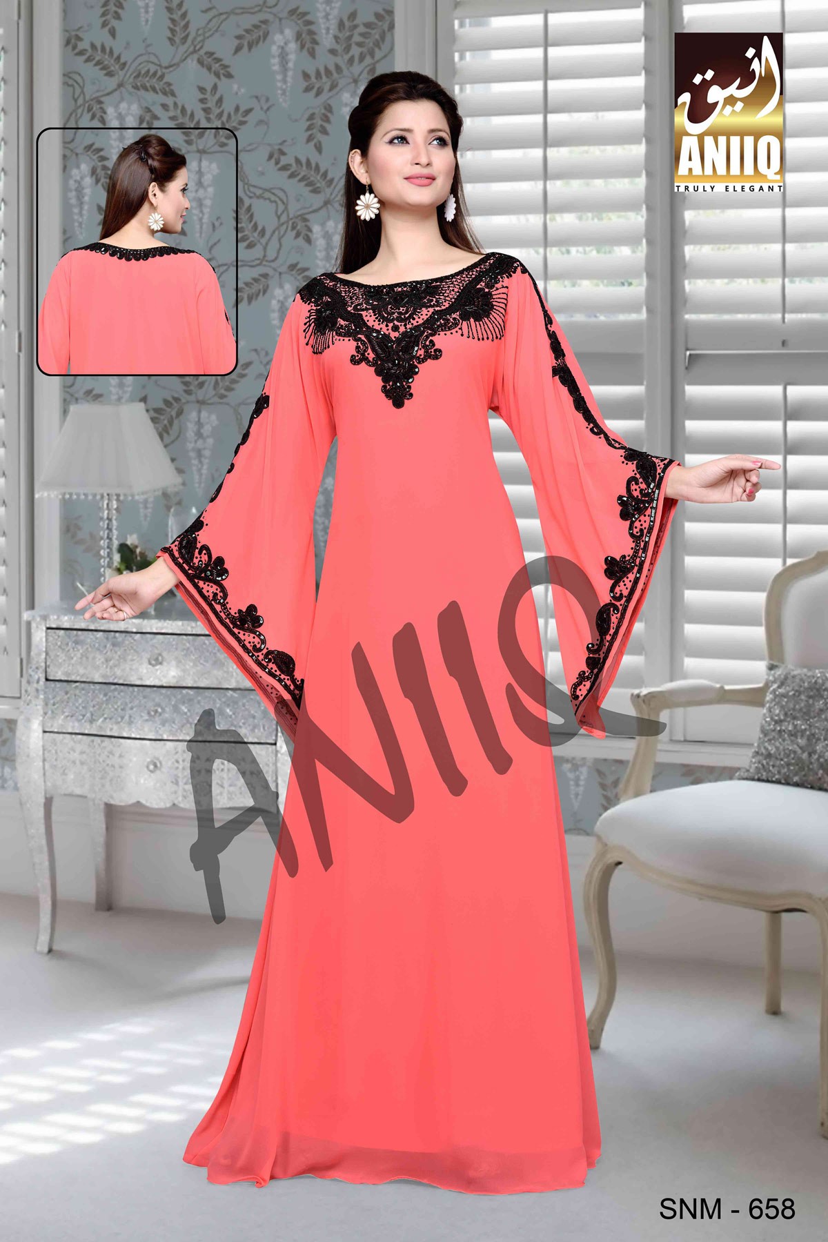 Coral  Embroidered  Faux Georgette  Kaftan