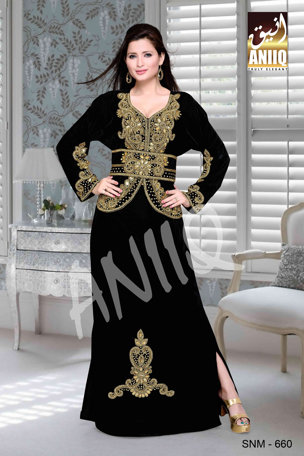 Black  Embroidered  Faux Georgette  Kaftan