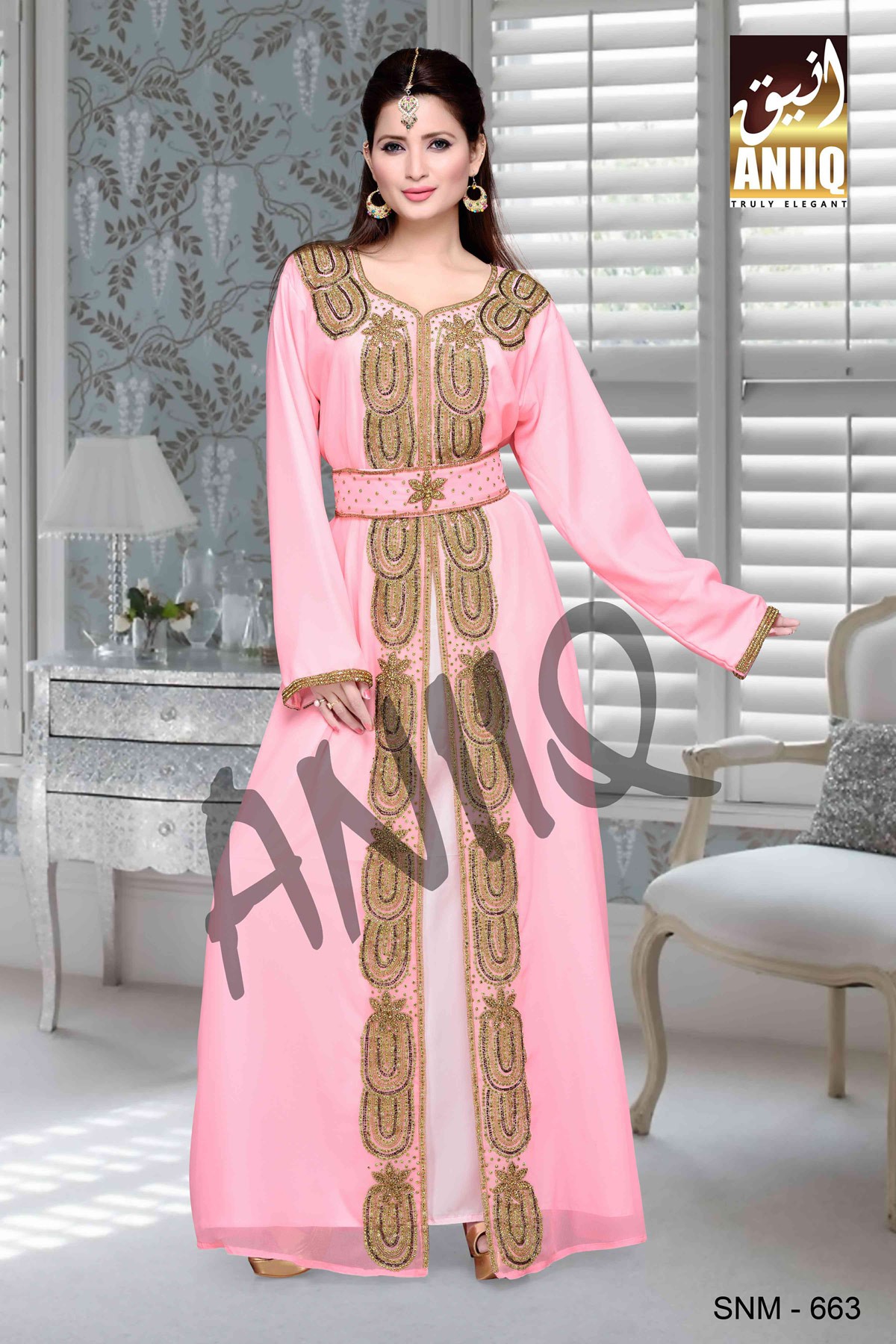 Soft Pink  Embroidered  Faux Georgette  Kaftan