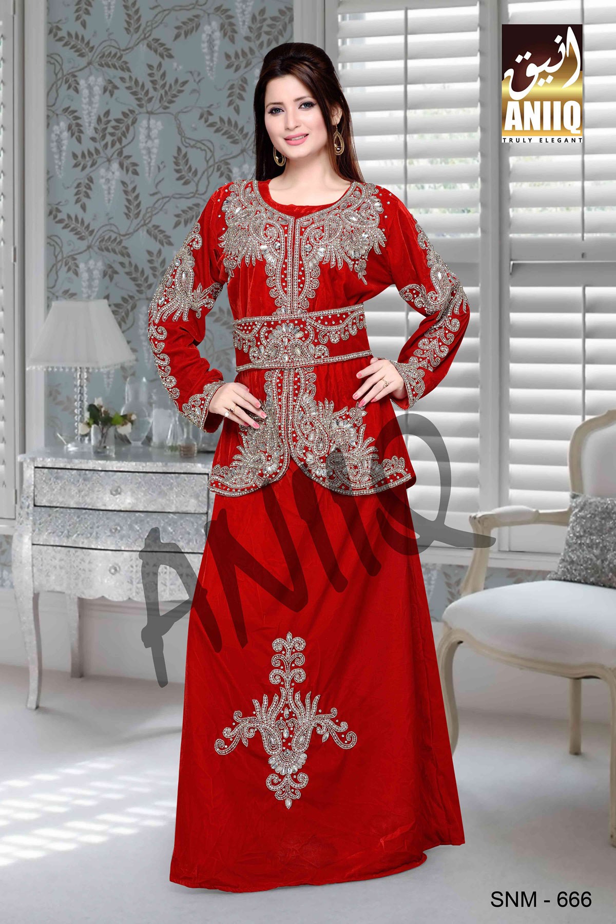 Red  Embroidered  Velvet  Kaftan