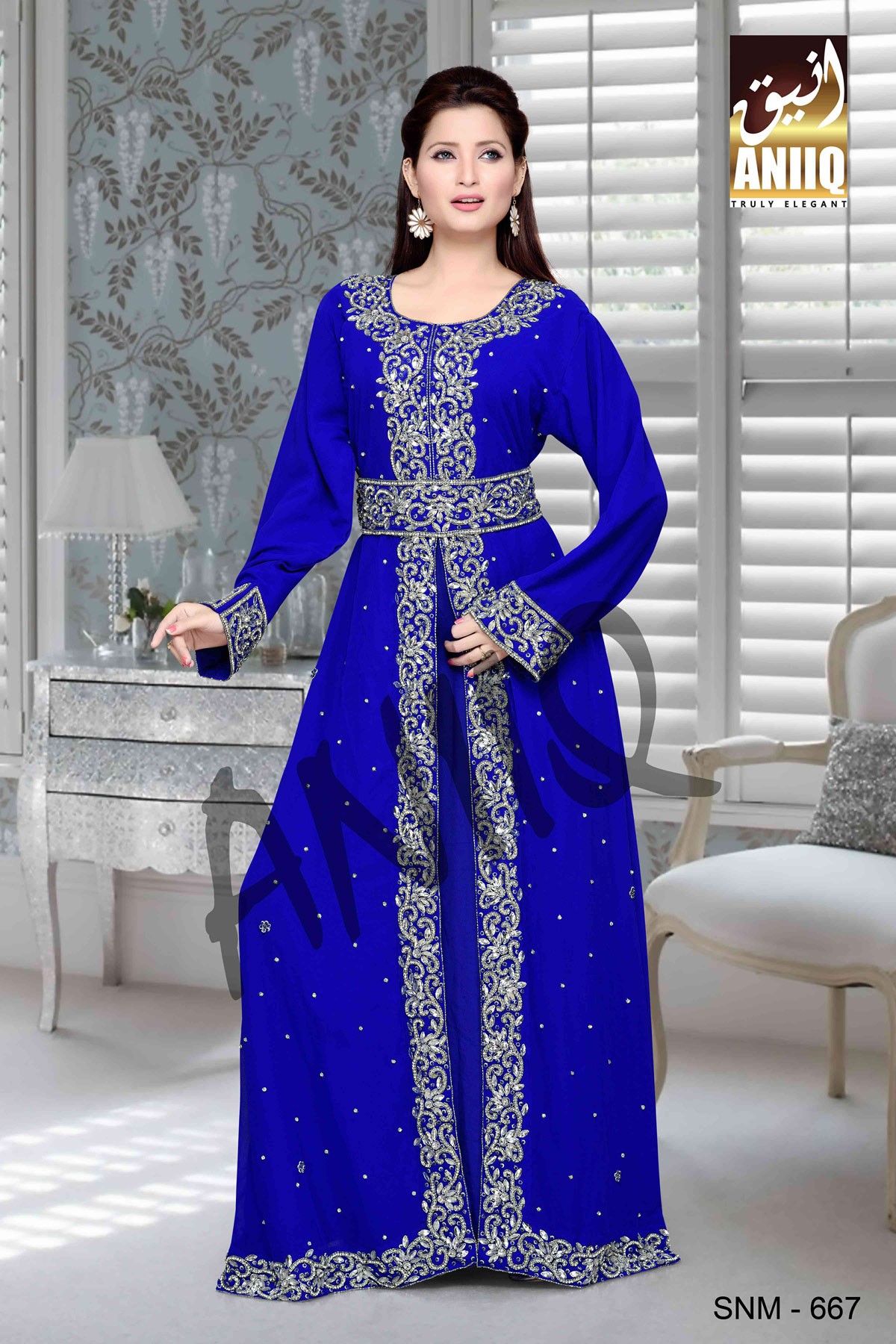 Royal Blue  Embroidered  Faux Georgette  Kaftan