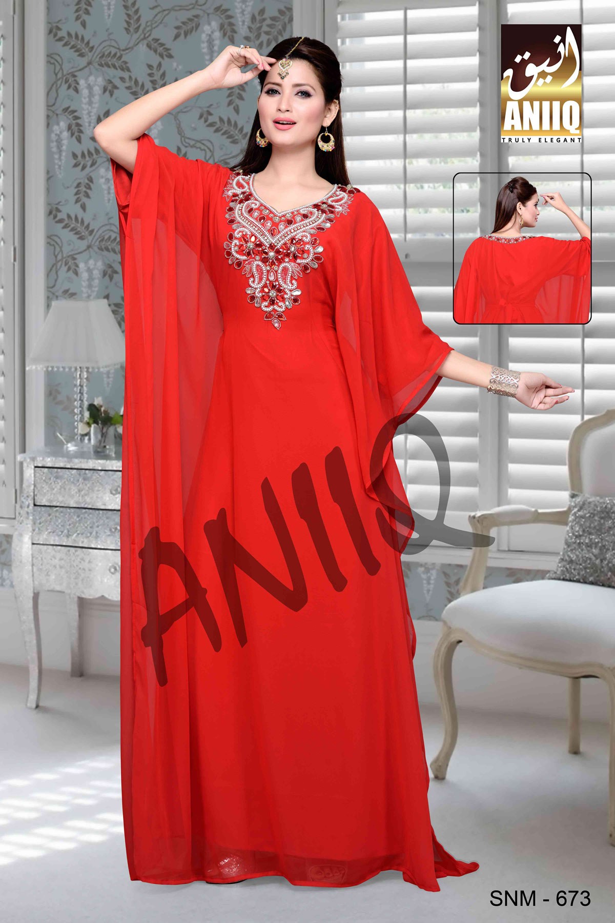 Red  Embroidered  Faux Georgette  Farasha