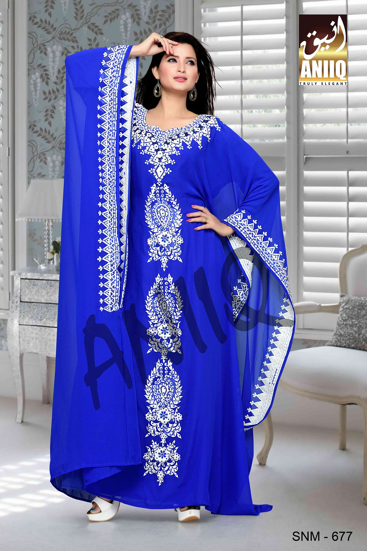 Royal Blue  Embroidered  Faux Georgette  Farasha