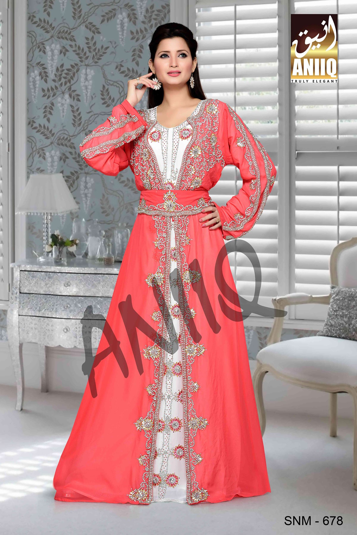 Coral And Off White  Embroidered  Faux Georgette  Kaftan