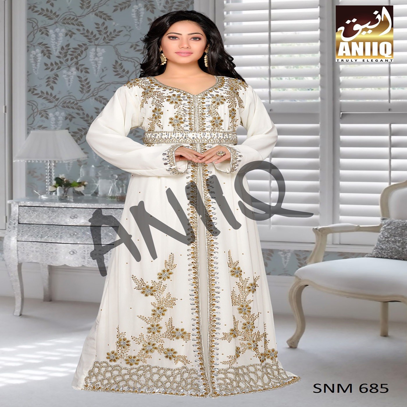 Off White  Embroidered  Faux Georgette  Kaftan