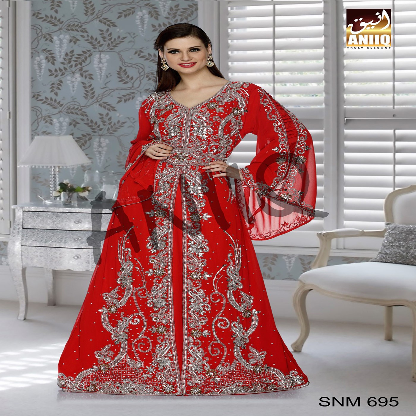 Red  Embroidered  Faux Georgette  Kaftan