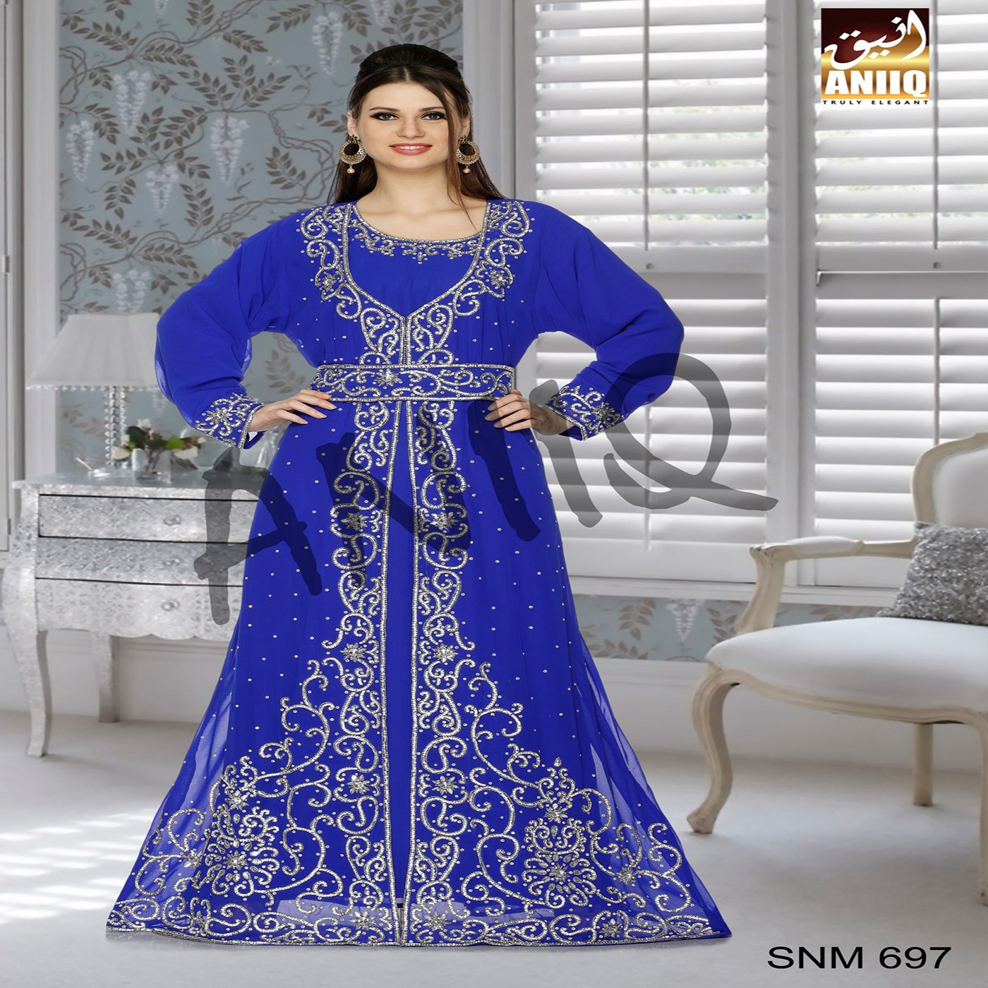 Royal Blue  Embroidered  Faux Georgette  Kaftan