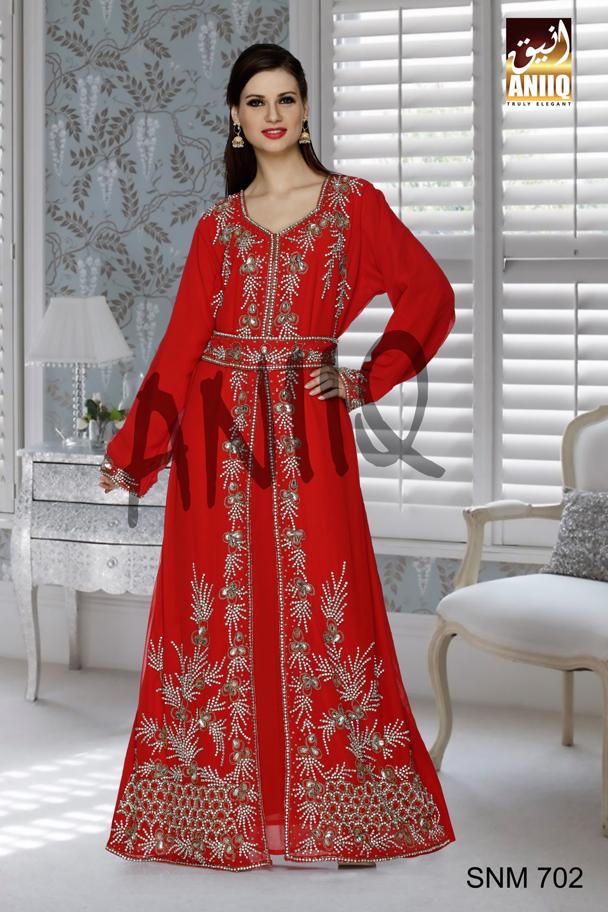 Red   Embroidered   Faux Georgette   Kaftan