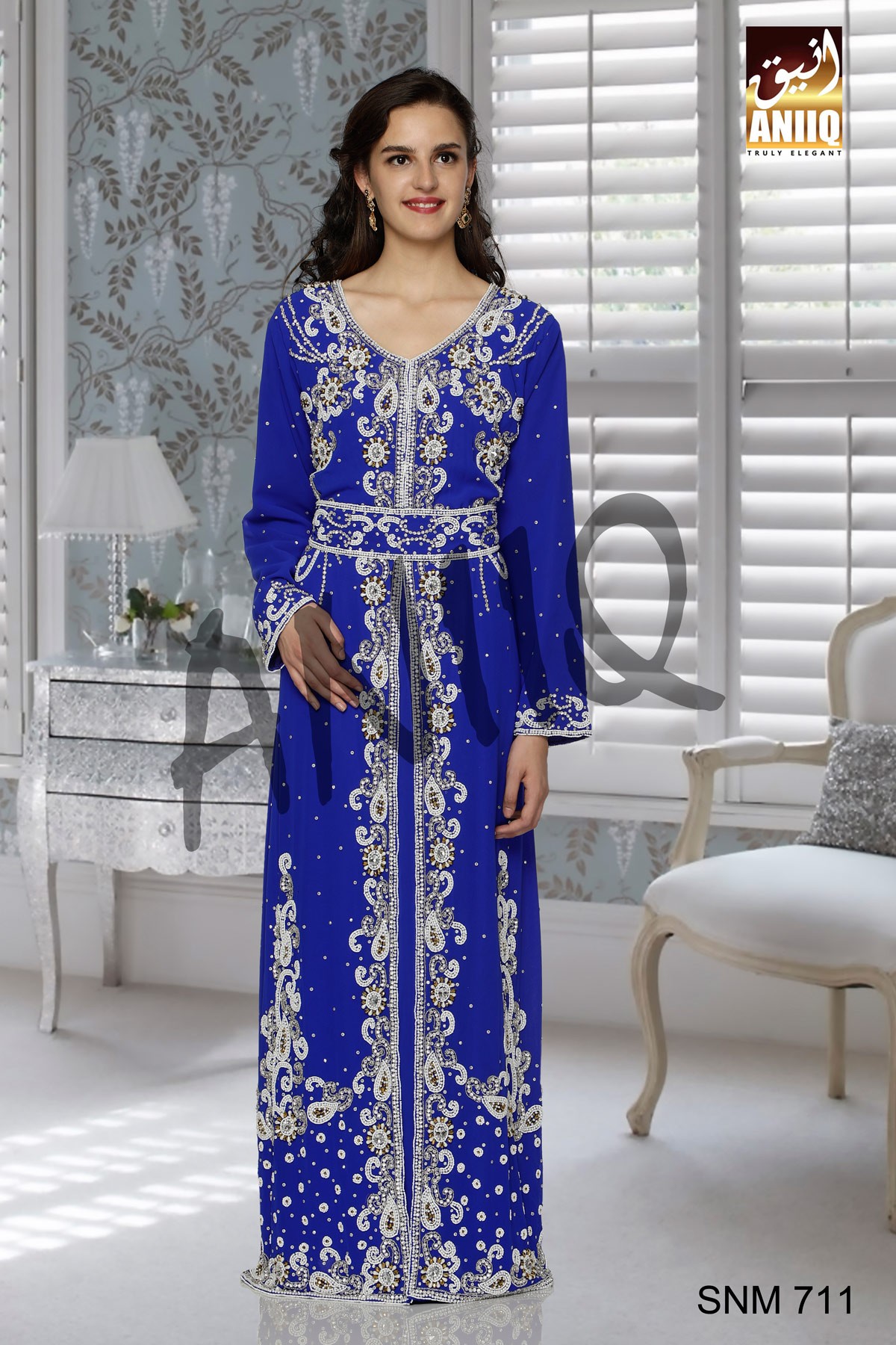 Royal Blue   Embroidered   Faux Georgette   Kaftan