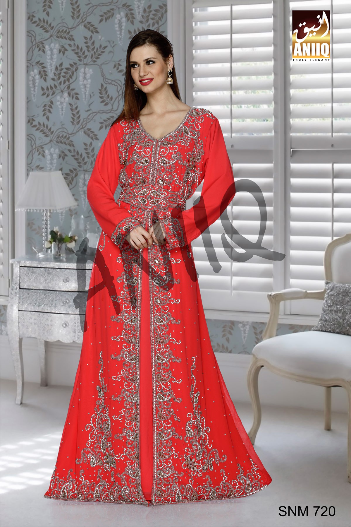 Coral   Embroidered   Faux Georgette   Kaftan