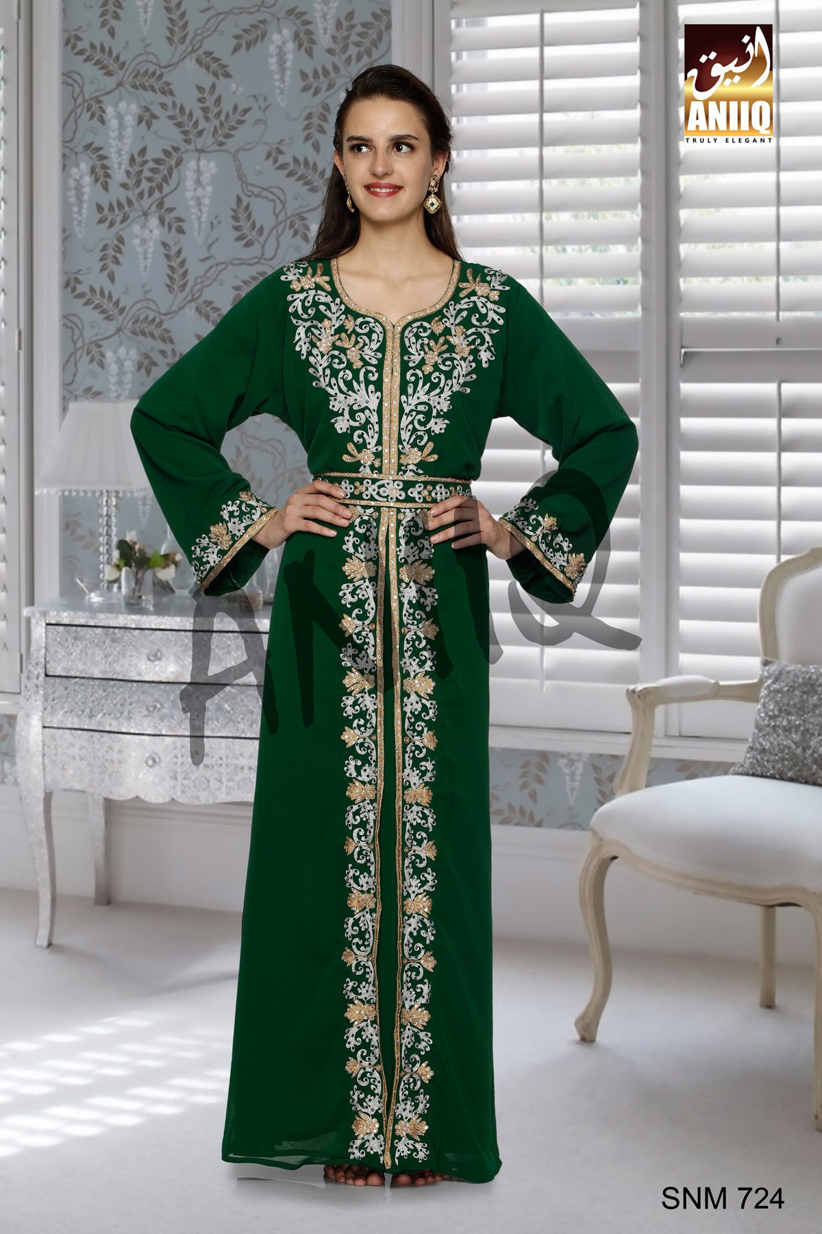 Bottle Green   Embroidered   Faux Georgette   Kaftan