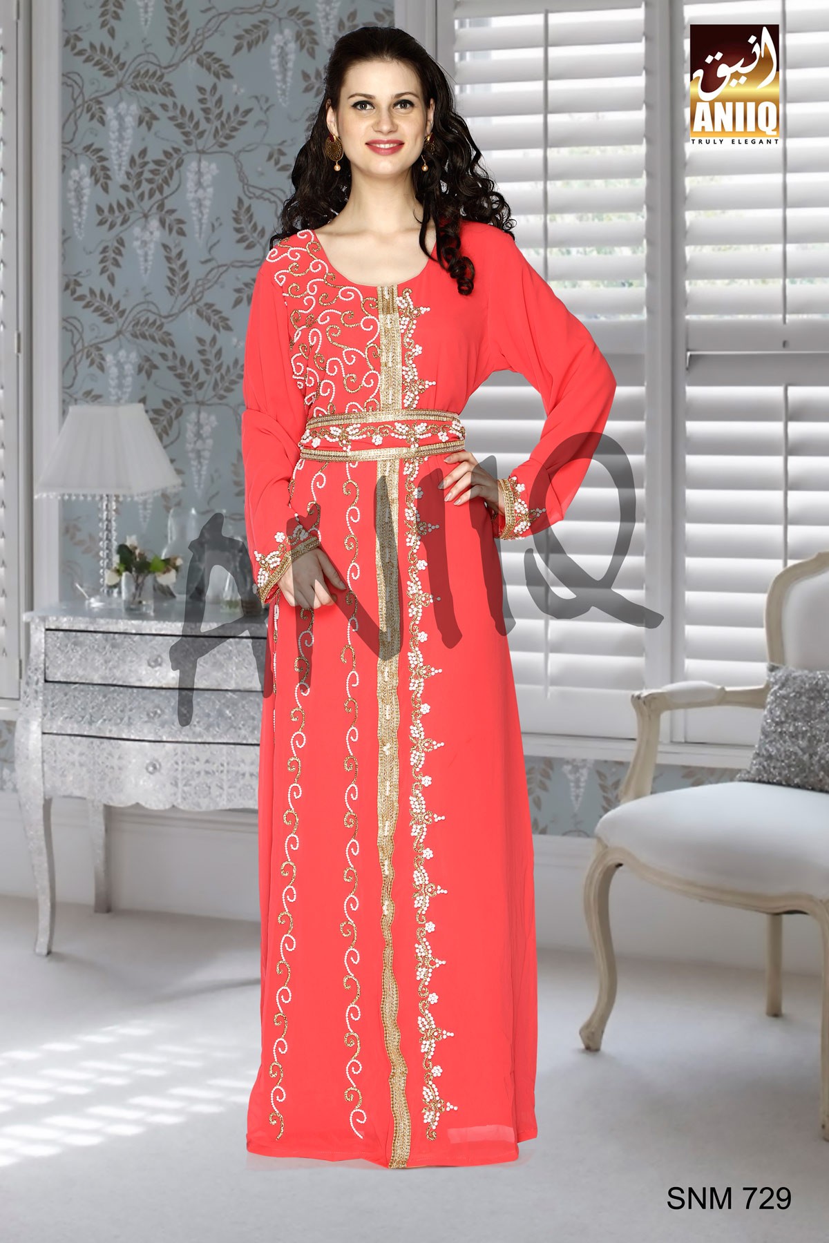 SNM 729	Coral   Embroidered   Faux Georgette   Kaftan