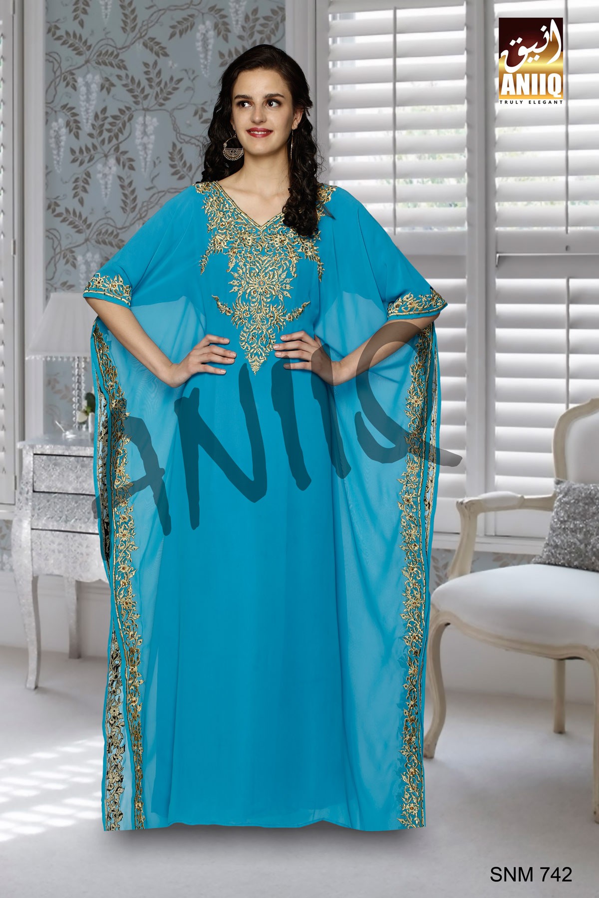 Blue   Embroidered   Faux Georgette   Farasha