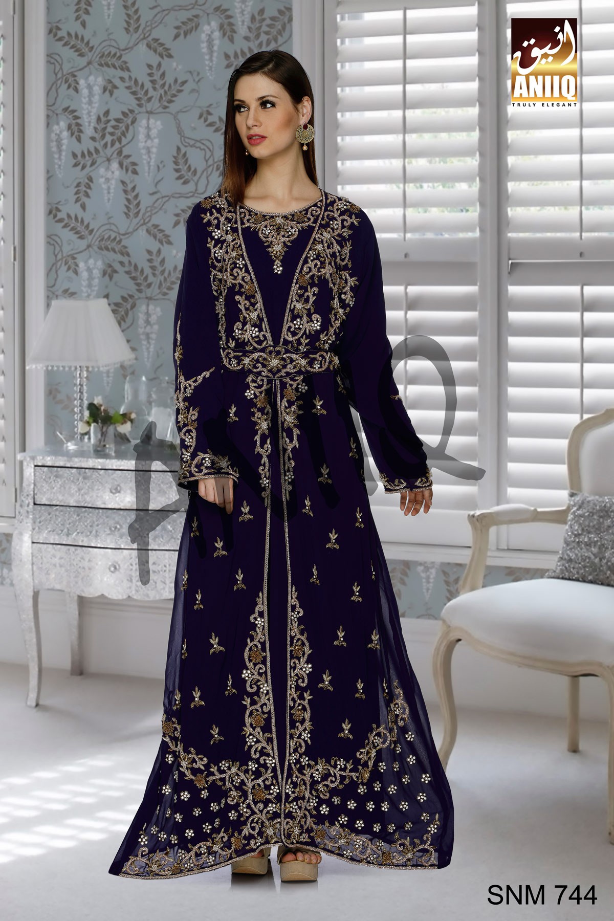 Navy Blue   Embroidered   Faux Georgette   Kaftan