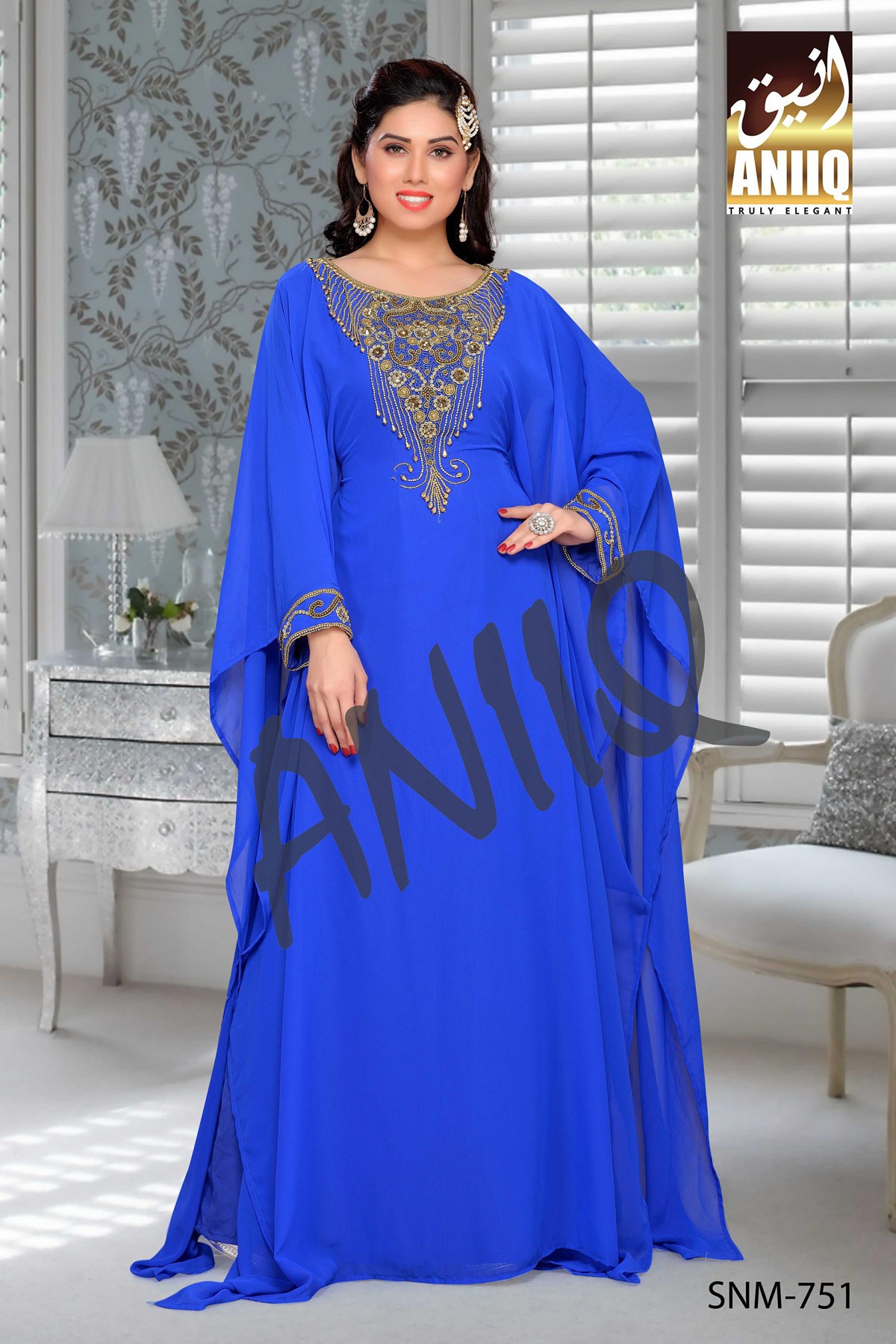 Royal Blue   Embroidered   Faux Georgette   Farasha