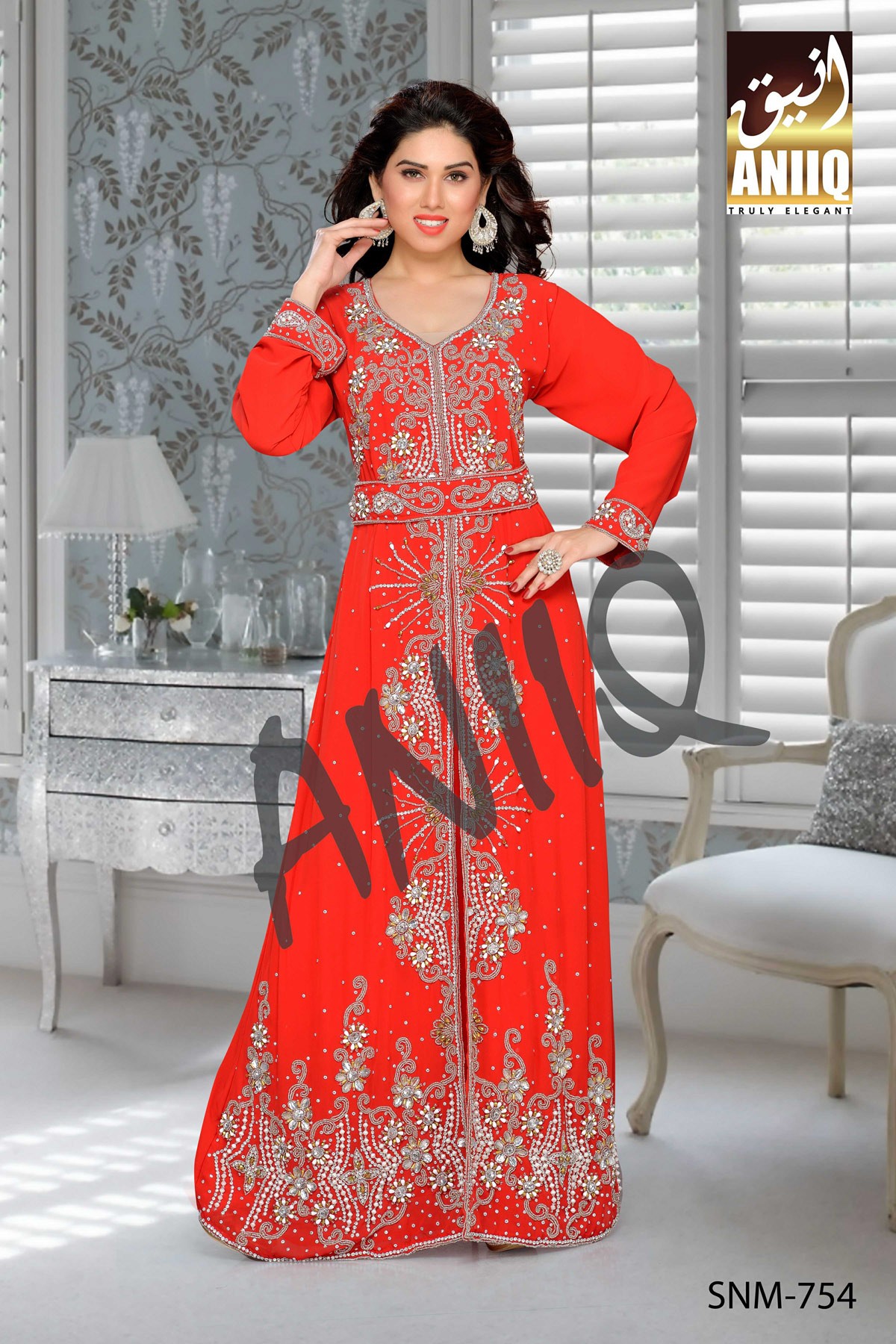 Red   Embroidered   Faux Georgette   Kaftan